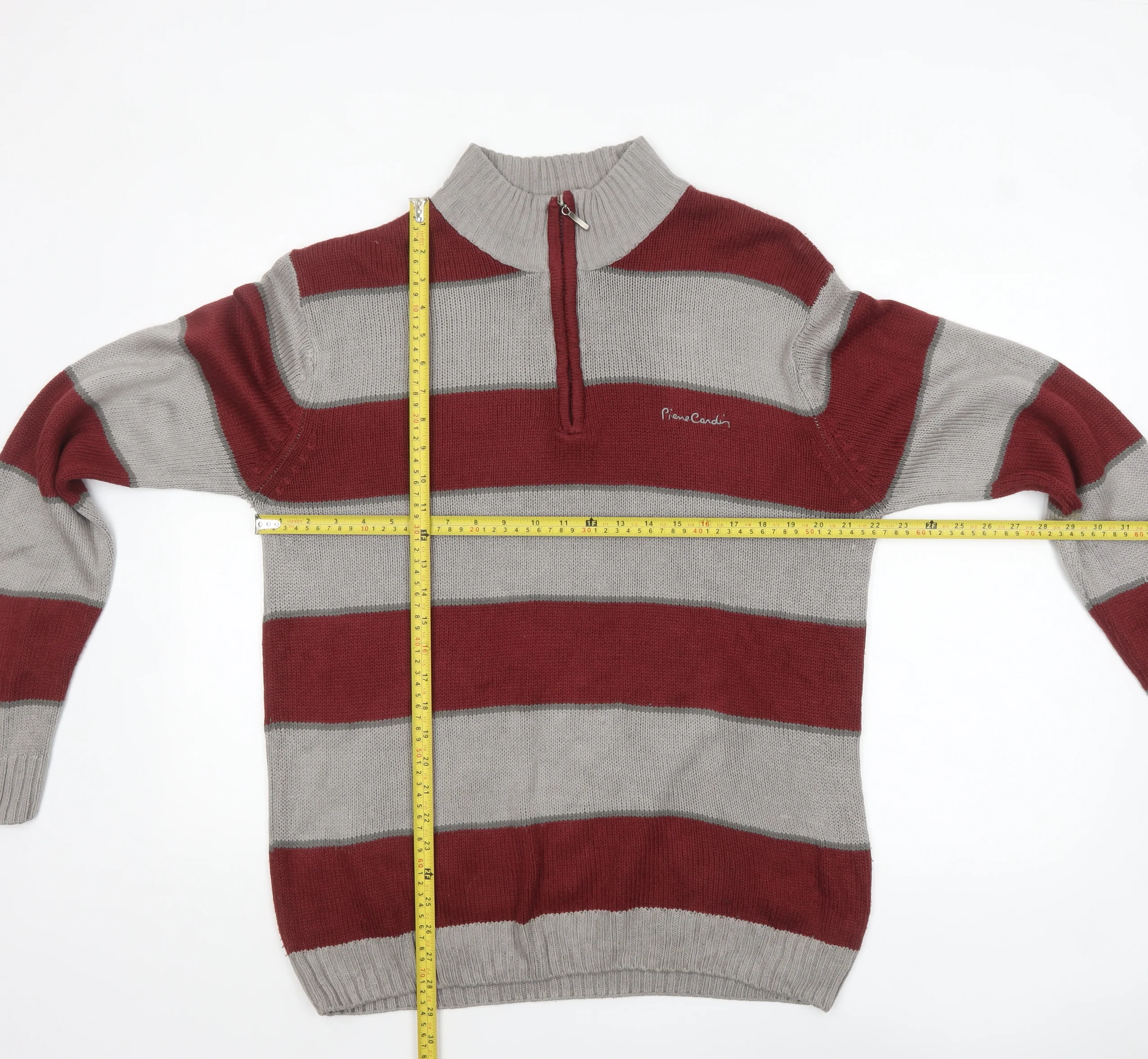 Pierre Cardin Men Red Grey Striped 1/2 Zip High Neck Jumper L - Image 2