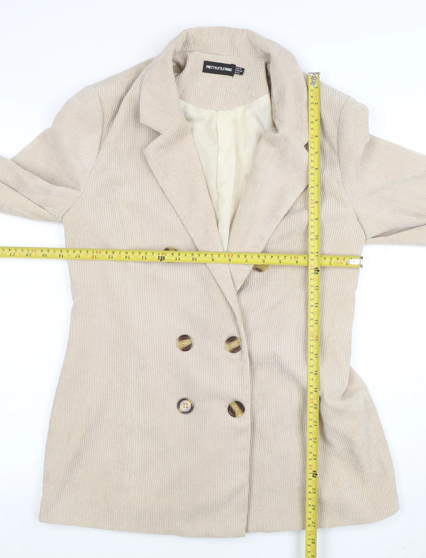 PrettyLittleThing Women Beige Corduroy Double-Breasted Blazer UK 10 - Image 2