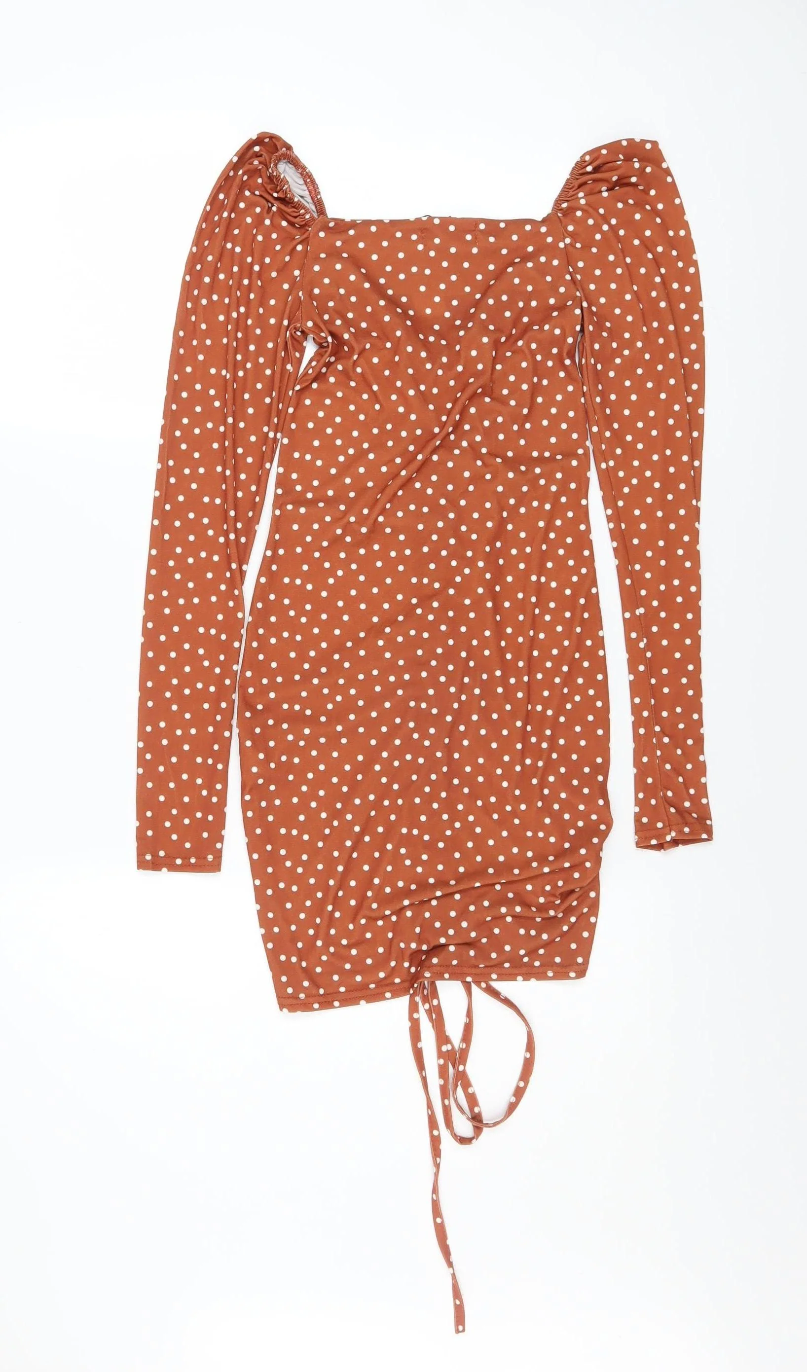 PrettyLittleThing Women Brown Polka Dot Bodycon Dress Size 6 Long Sleeve - Image 3