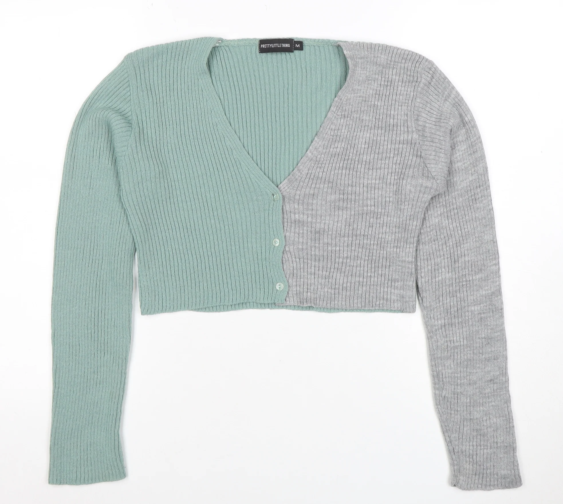 PrettyLittleThing Women Green Grey V-Neck Ribbed Knit Cardigan M