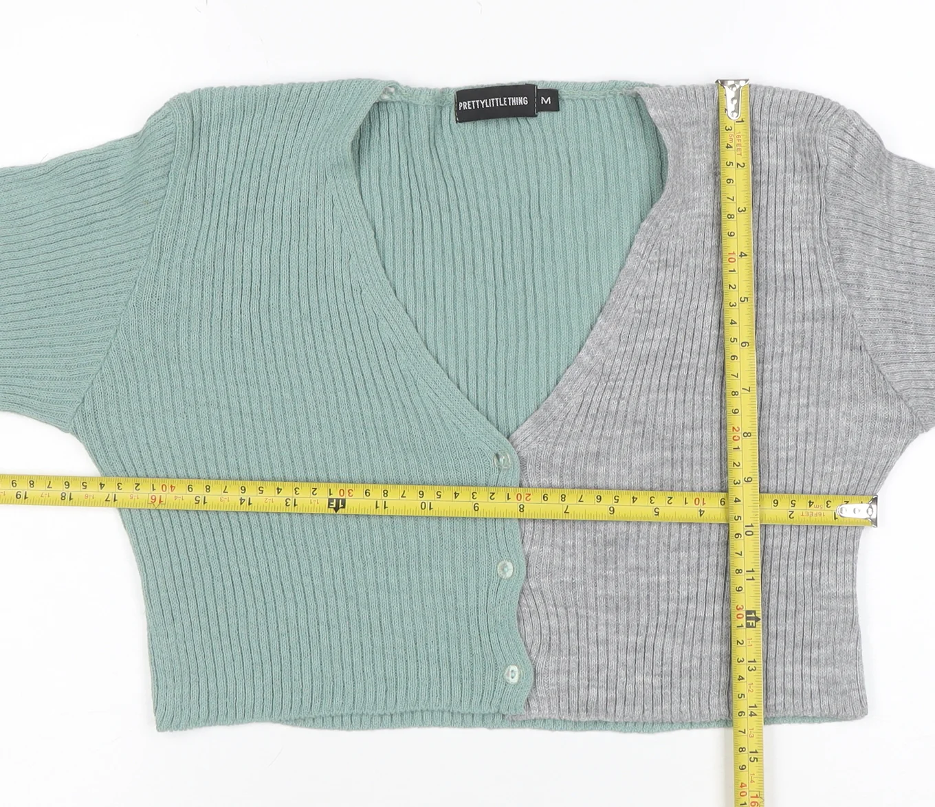 PrettyLittleThing Women Green Grey V-Neck Ribbed Knit Cardigan M - Image 2