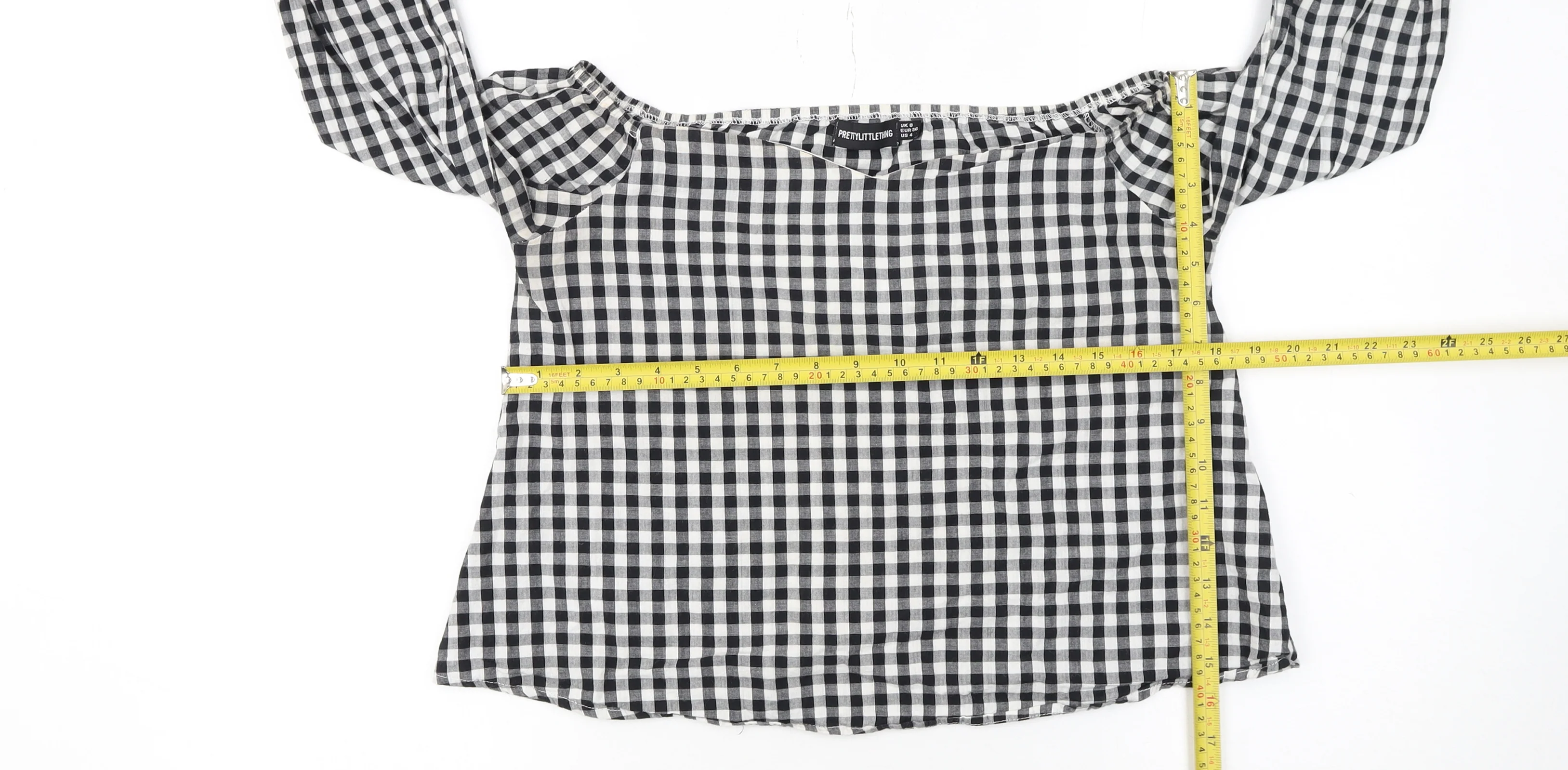 PrettyLittleThing Women's Black Check Off Shoulder Cropped Blouse Size 8 - Image 2
