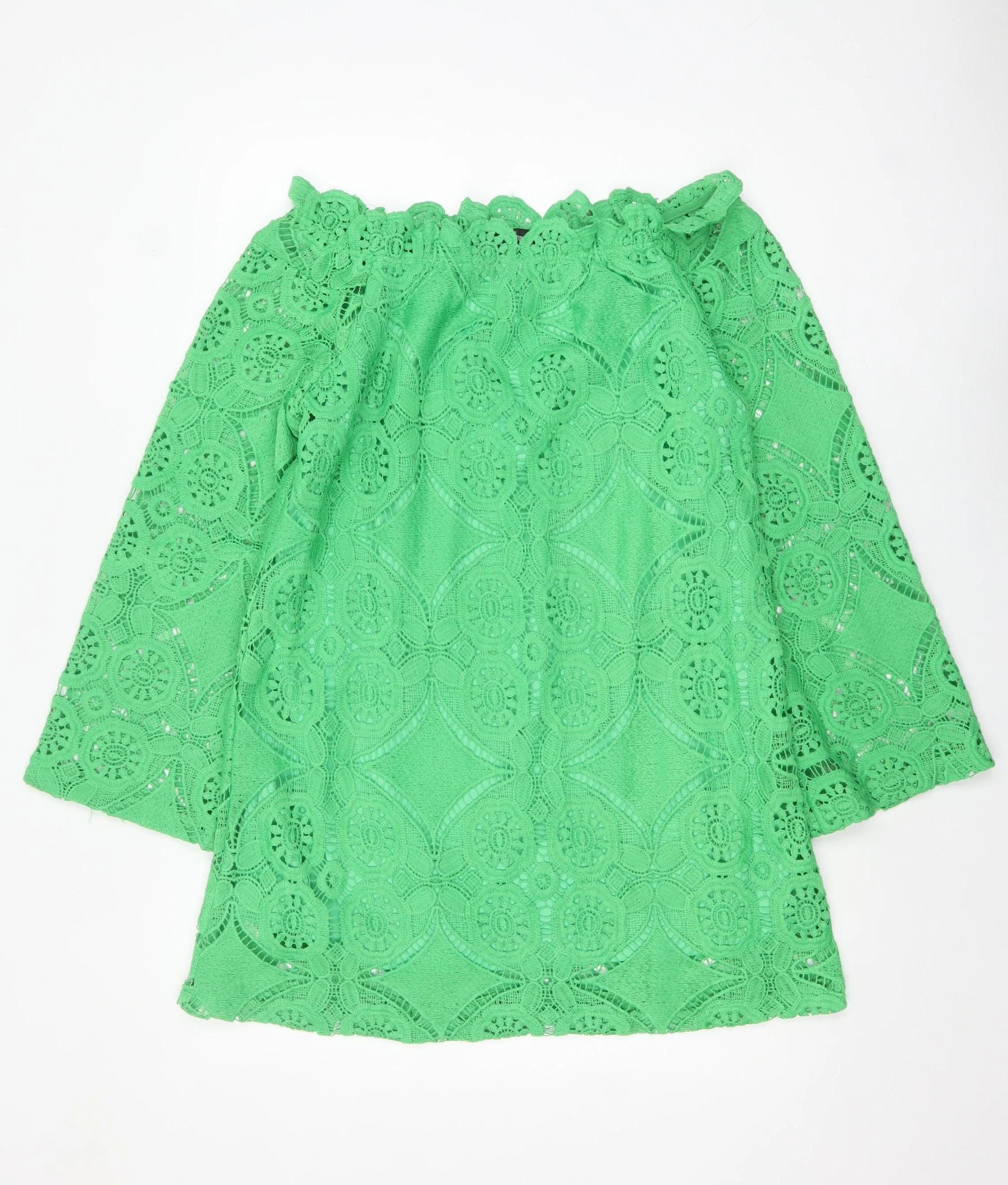 PrettyLittleThing Women's Green Lace Off Shoulder Shift Dress UK 12