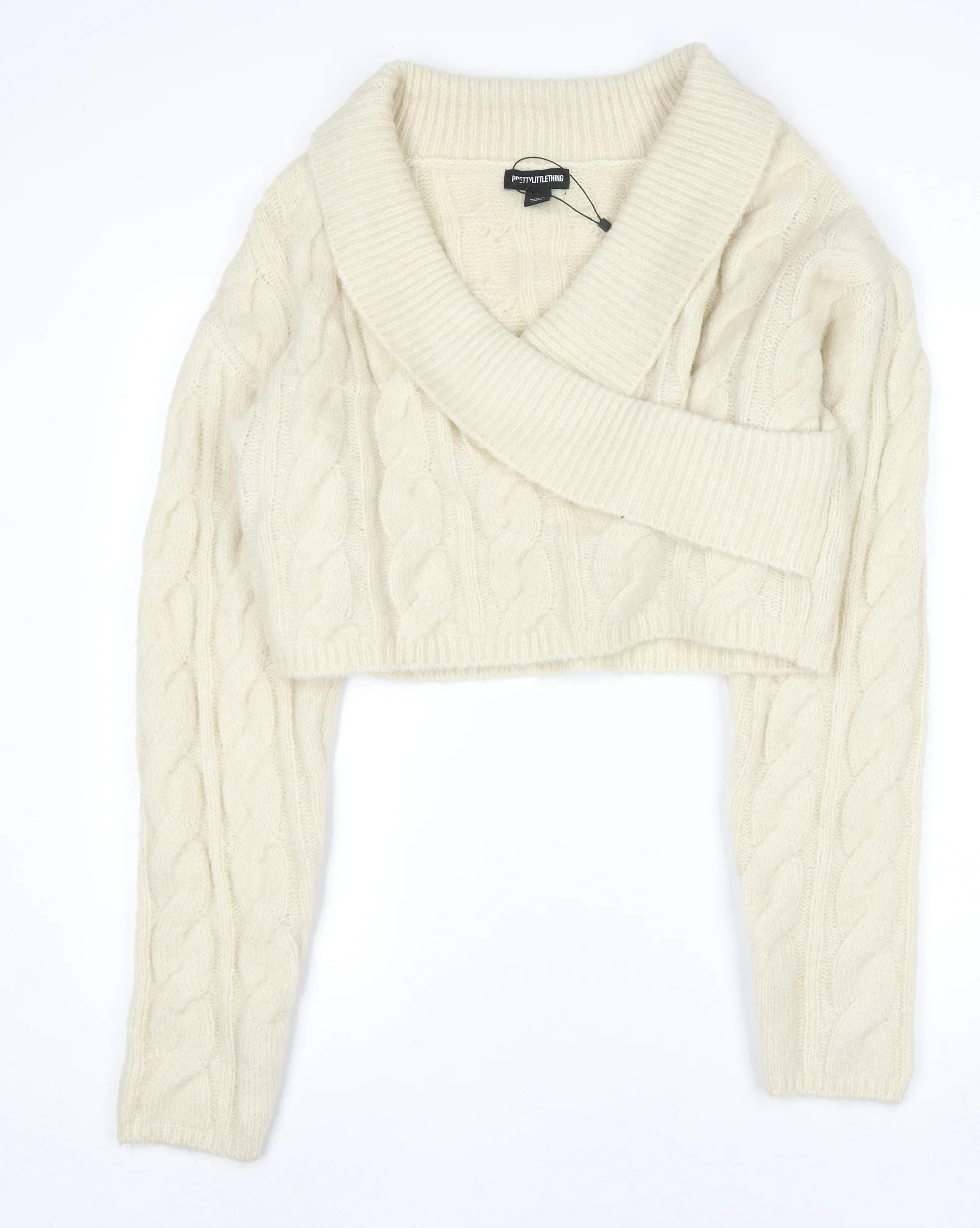 PrettyLittleThing Women's Ivory Cable-Knit V-Neck Pullover Jumper Size L