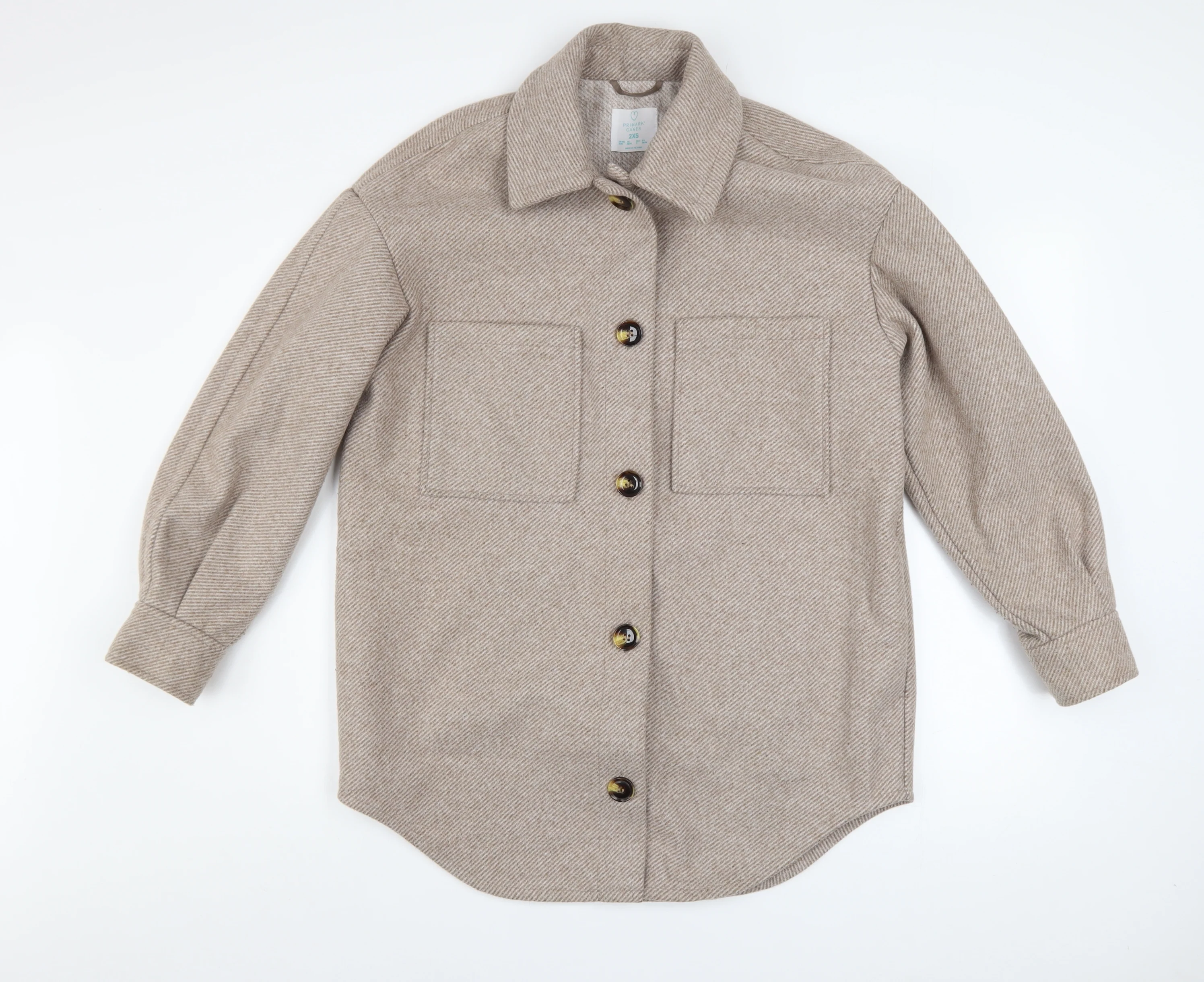 Primark Women Beige Herringbone Wool Blend Shacket Jacket 2XS