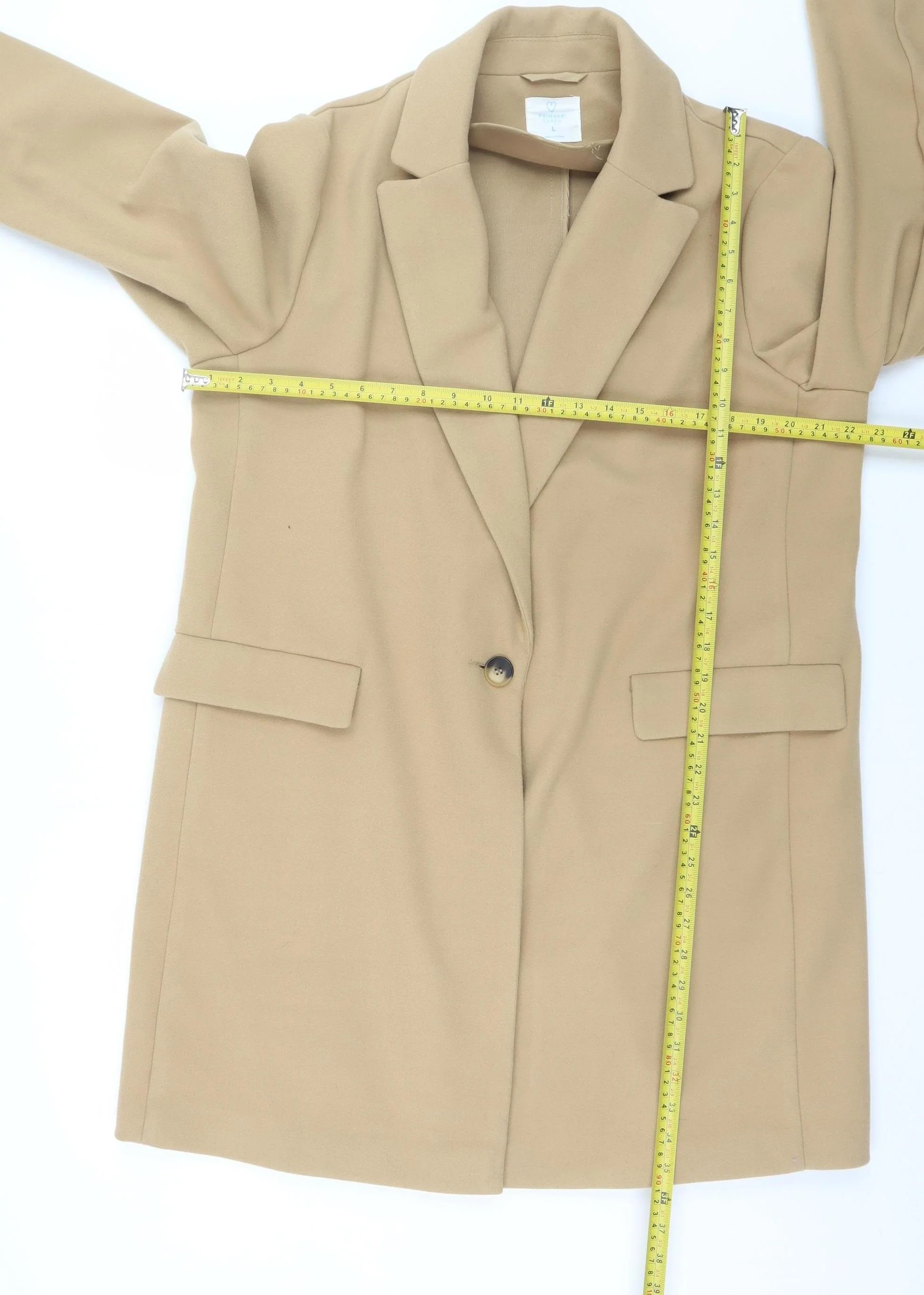 Primark Women Beige Mid-Length Overcoat Lined Button Coat Size L - Image 2