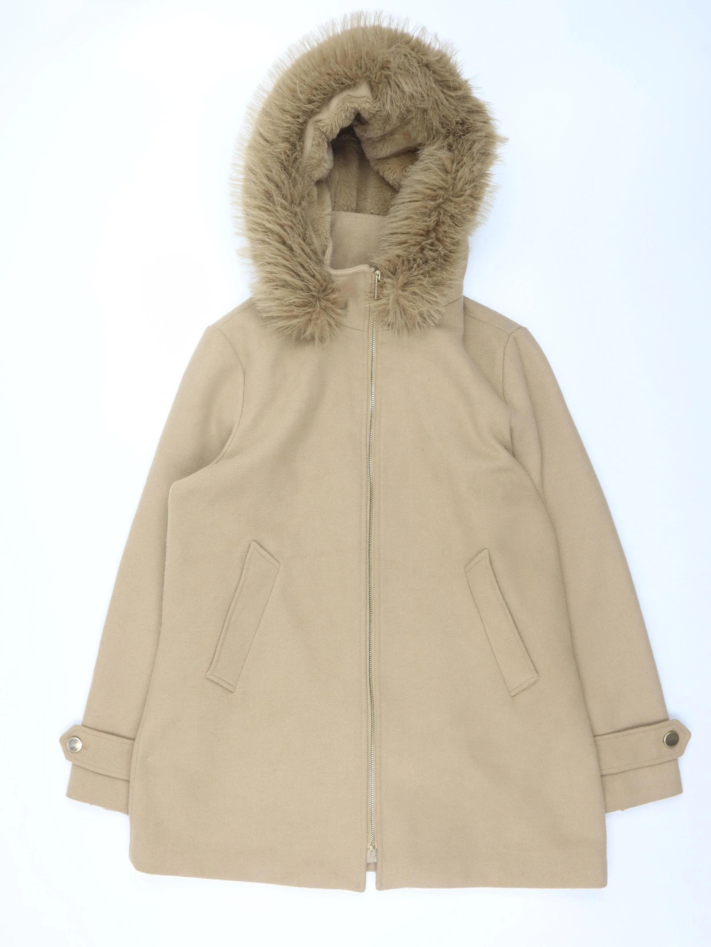 Primark Women Beige Size 12 Hooded Fur Trim Mid-Length Parka Coat