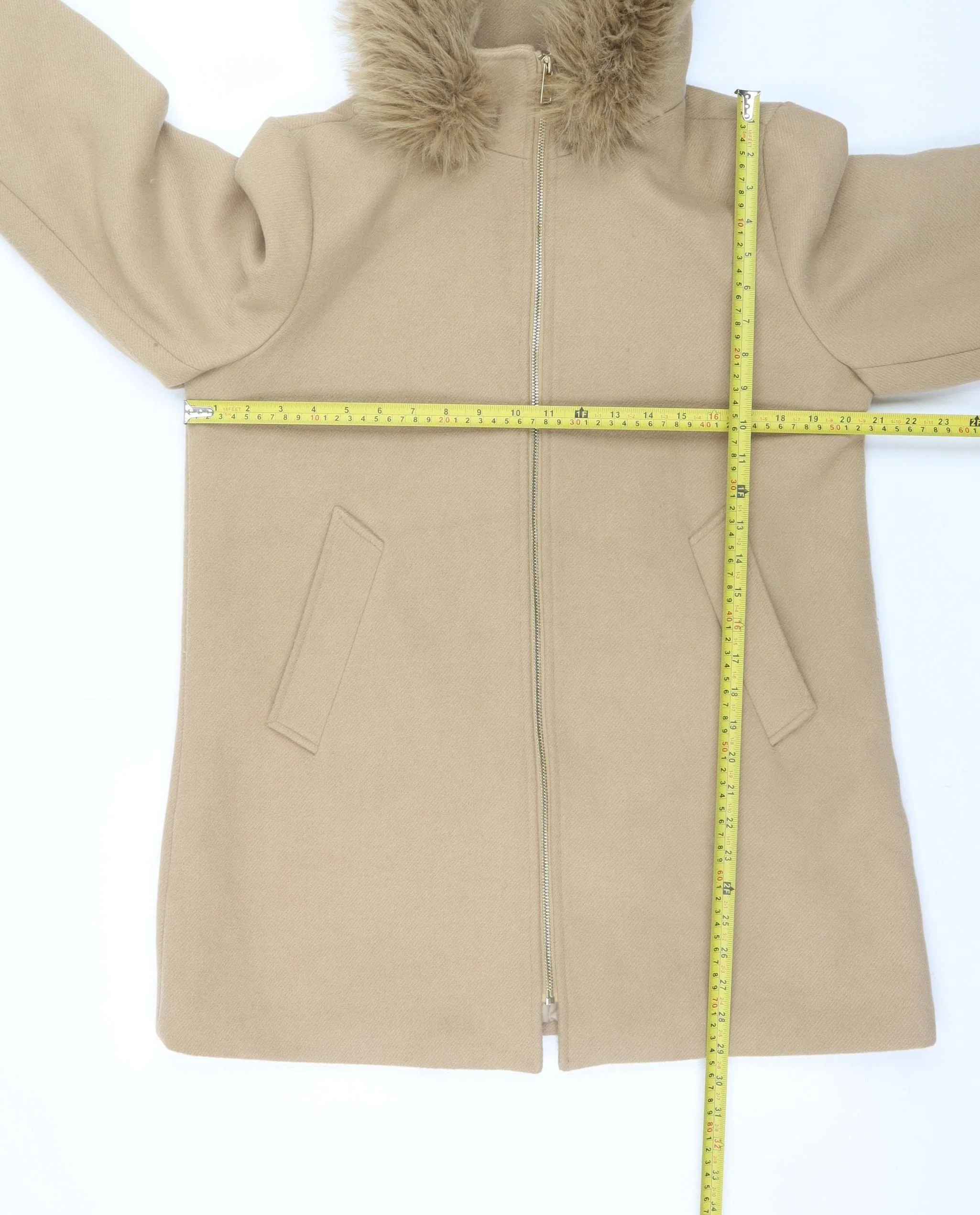 Primark Women Beige Size 12 Hooded Fur Trim Mid-Length Parka Coat - Image 2