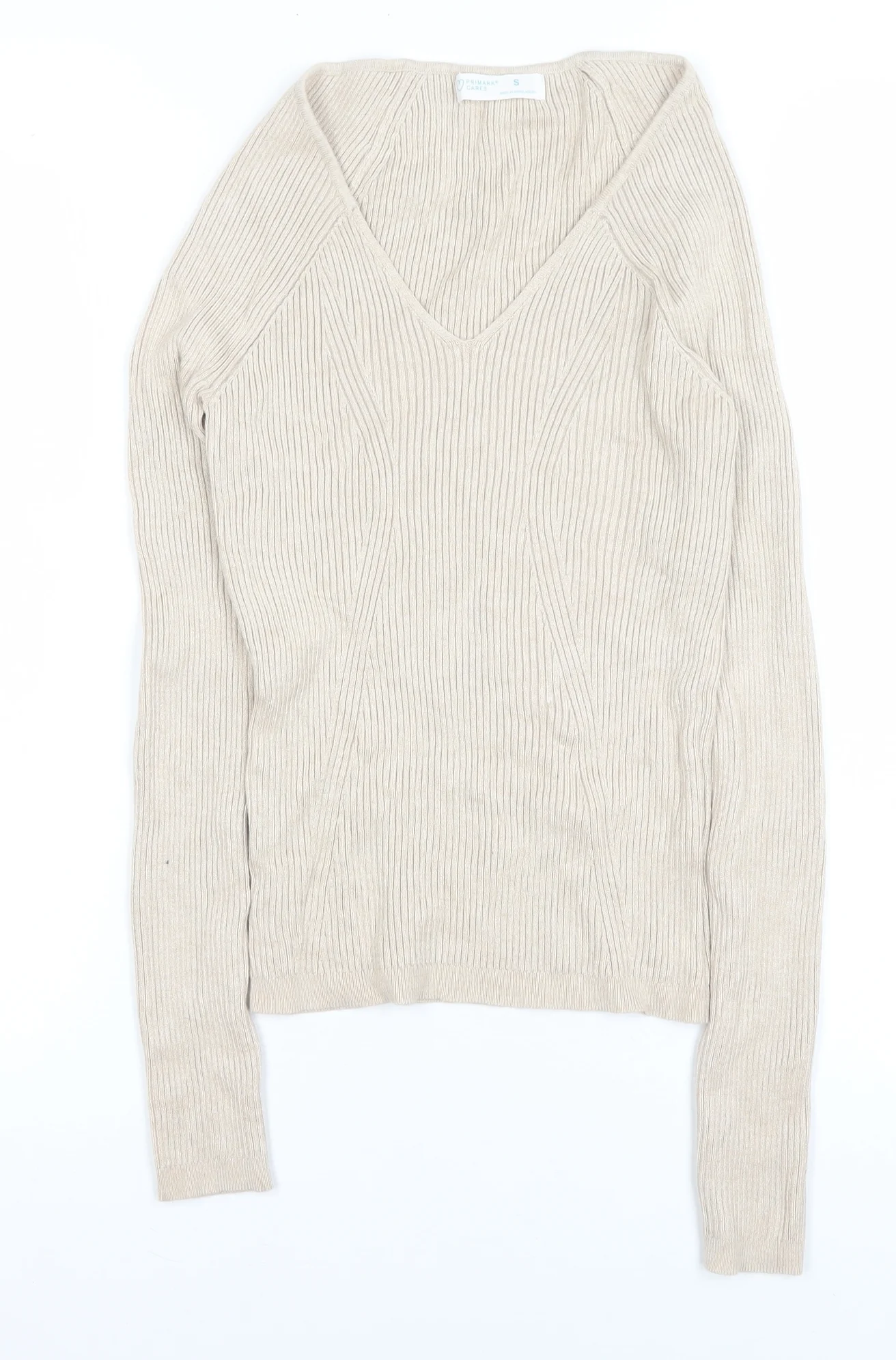 Primark Women Beige V-Neck Ribbed Knit Long Sleeve Top Size S