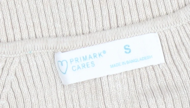 Primark Women Beige V-Neck Ribbed Knit Long Sleeve Top Size S - Image 4