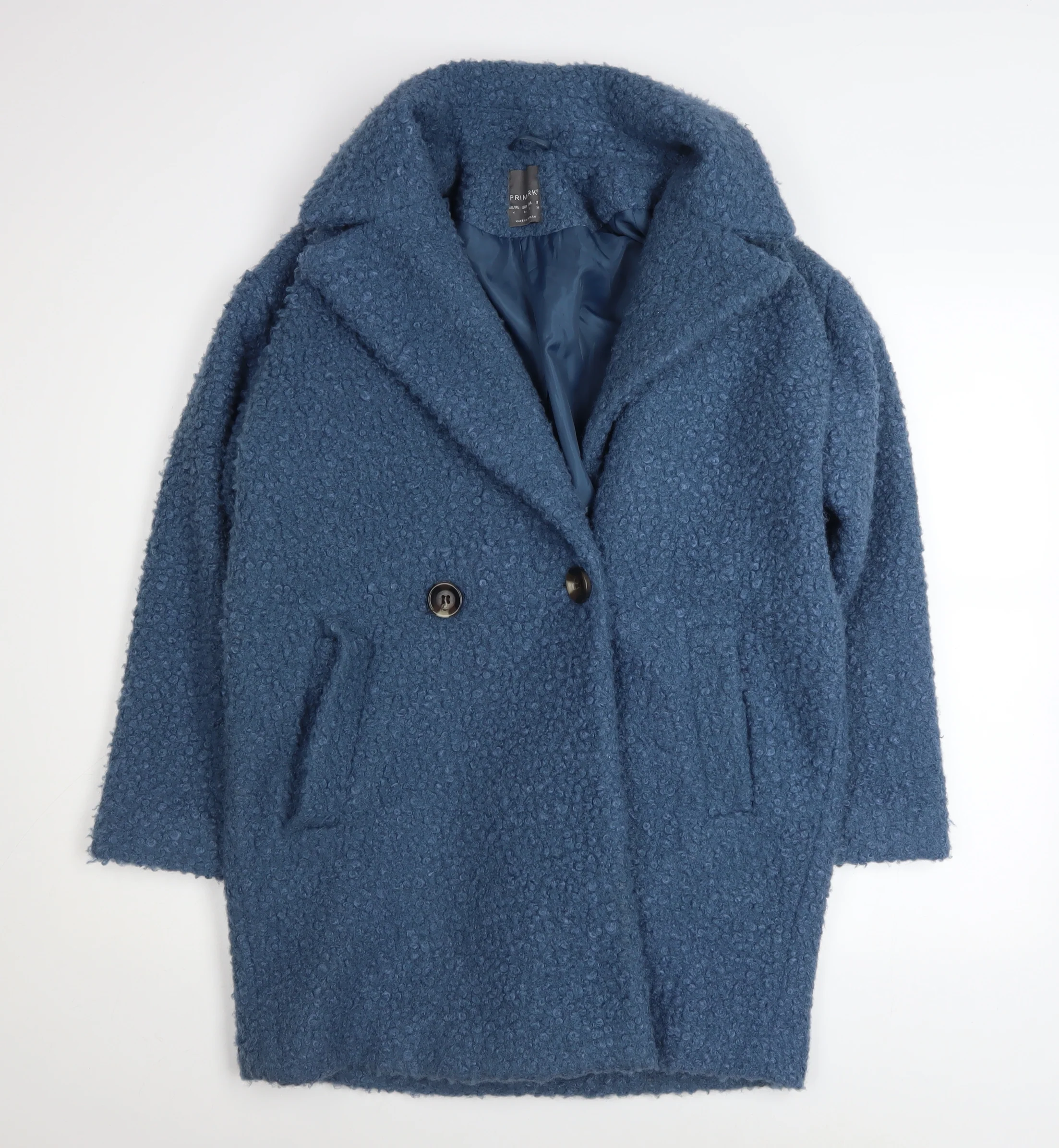 Primark Women Blue Mid-Length Overcoat Size 6 Polyester Lined Button