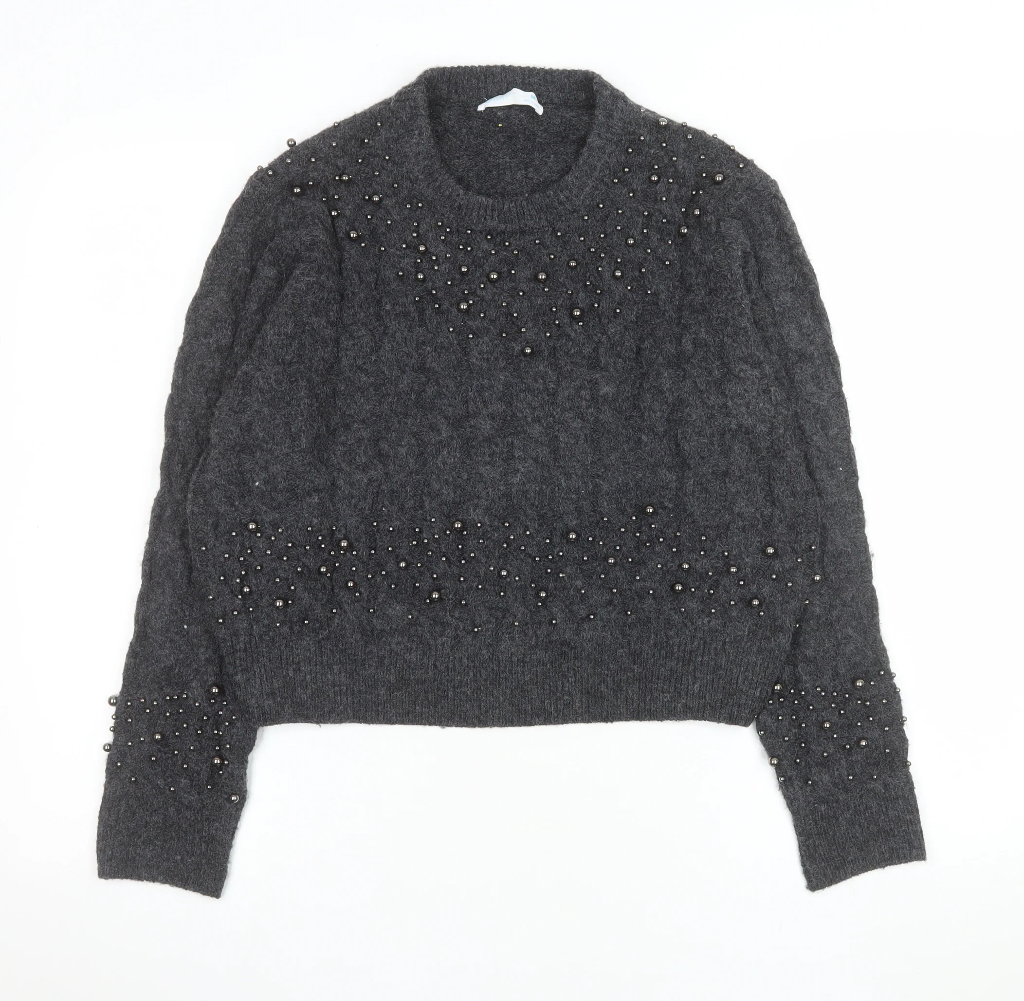Primark Women Grey Beaded Cable-Knit Pullover Jumper Size M