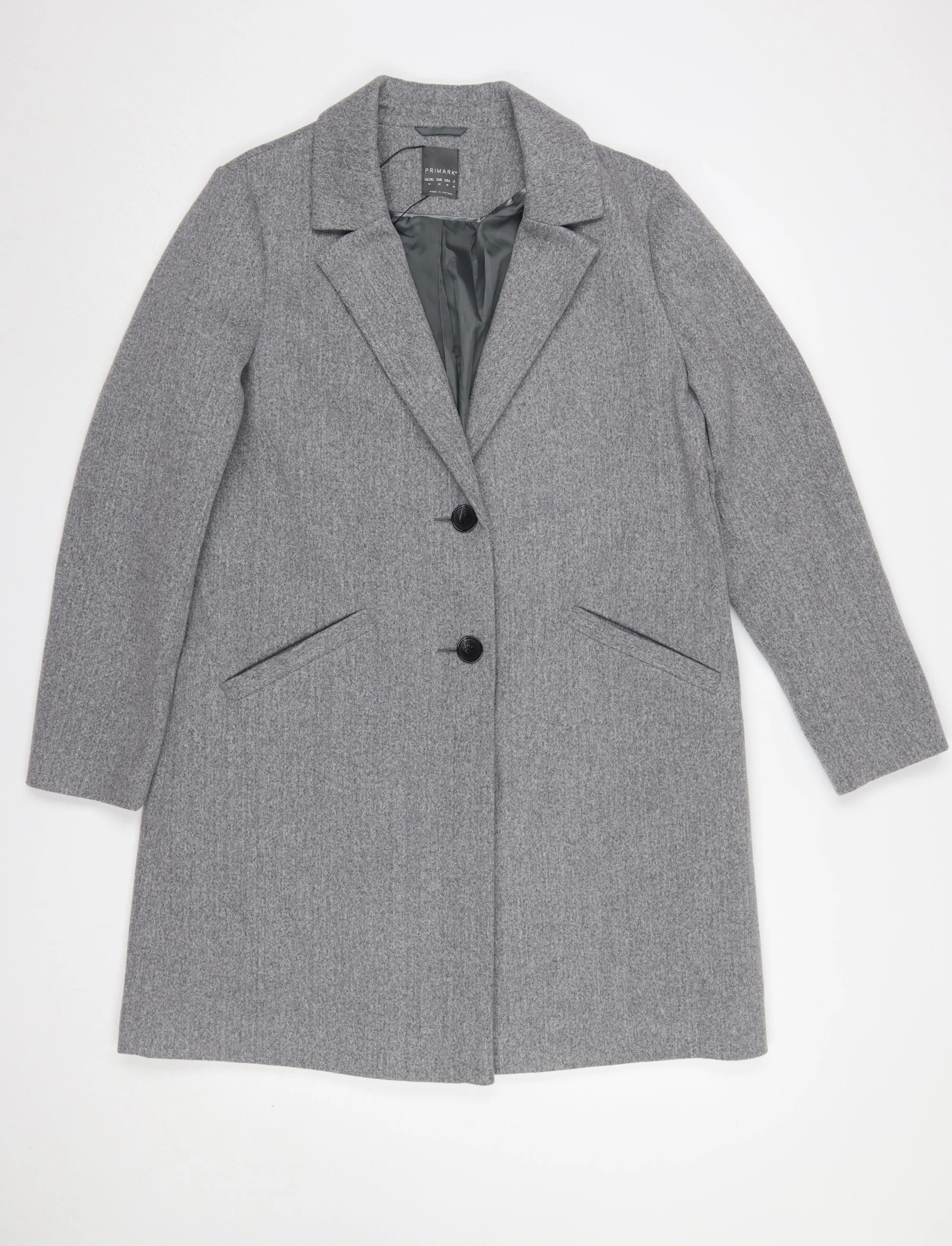 Primark Women Grey Long Overcoat Size 14 Classic Style