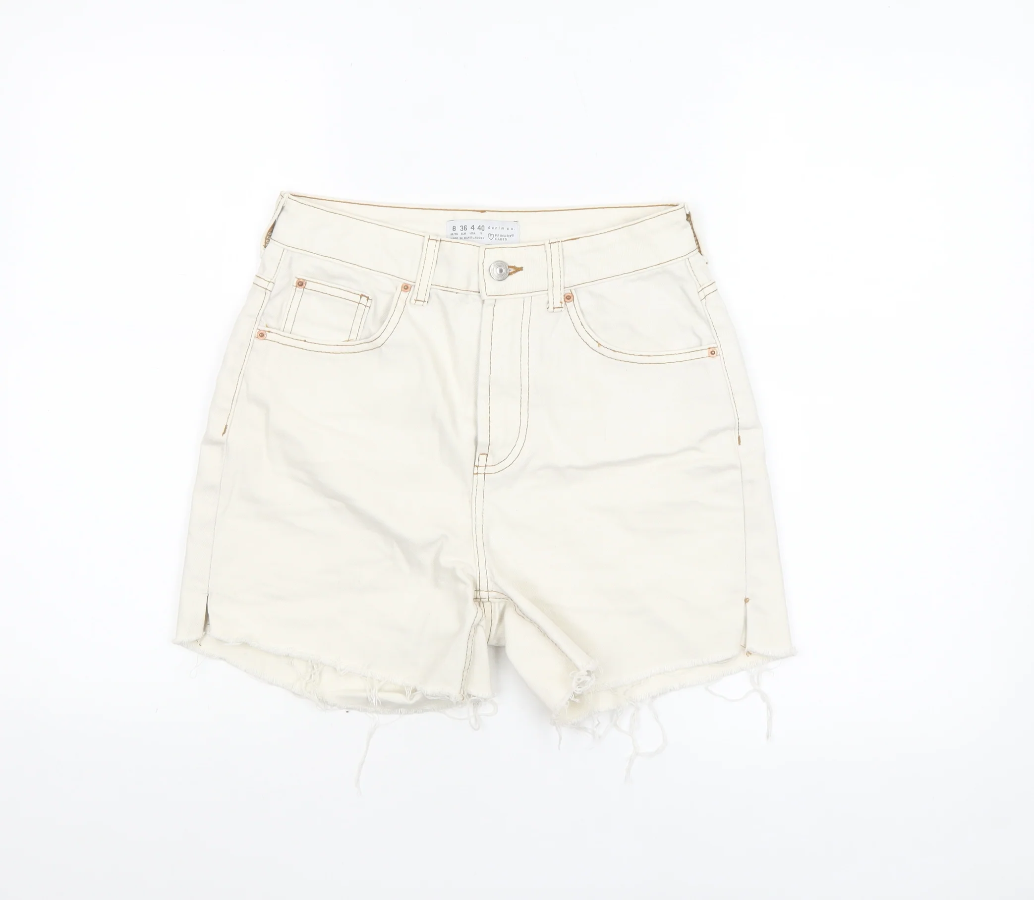 Primark Women Ivory High Waist Cut-Off Denim Shorts Size 8