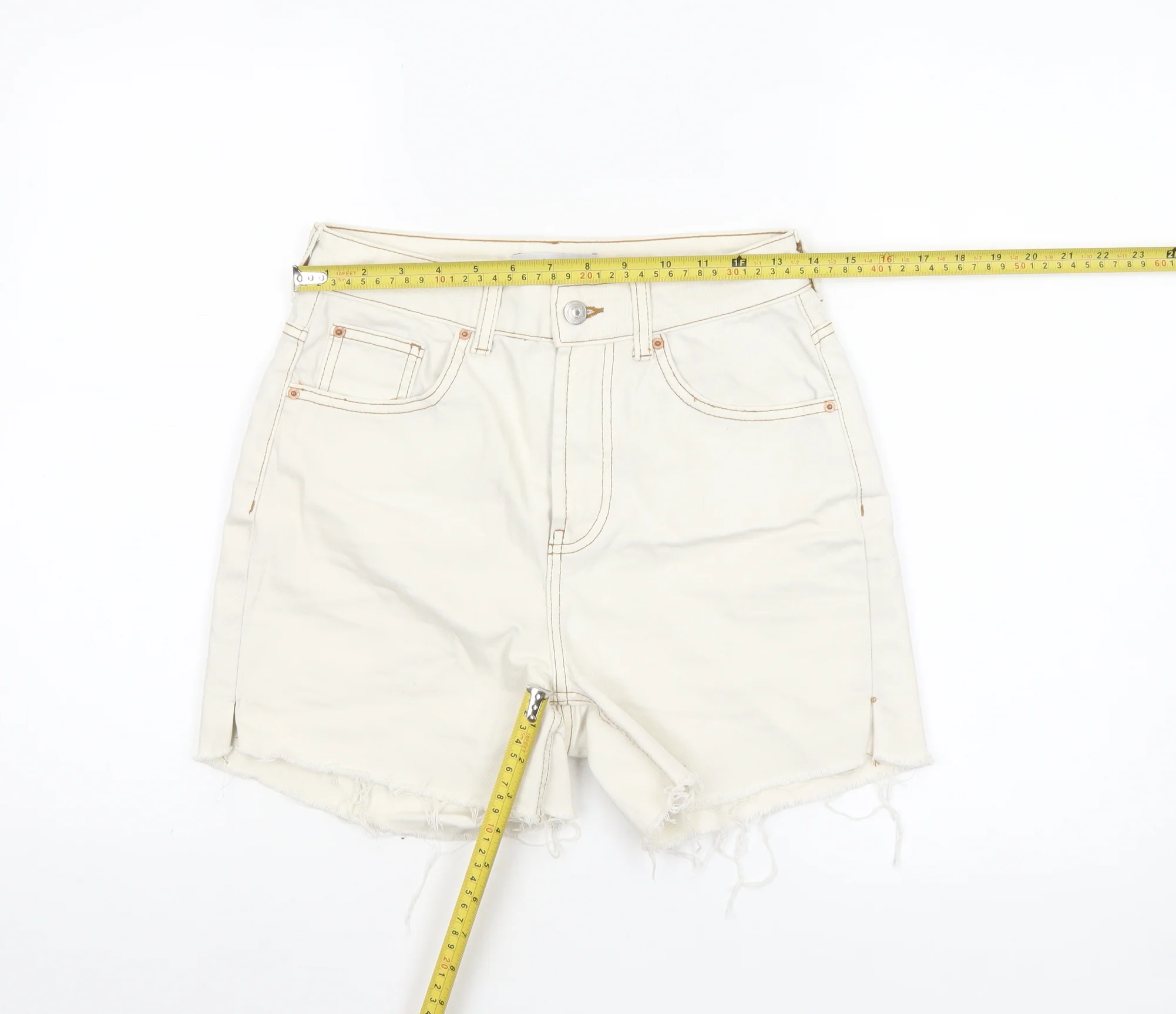 Primark Women Ivory High Waist Cut-Off Denim Shorts Size 8 - Image 2