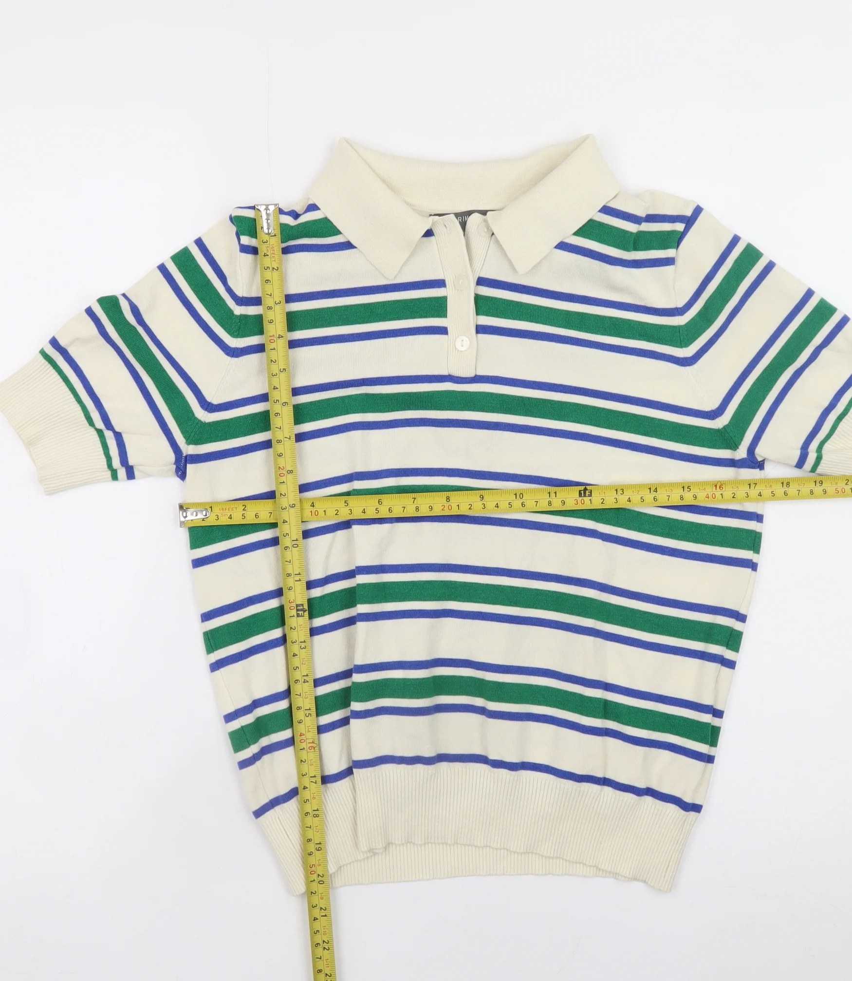 Primark Women Ivory Striped Collared Short Sleeve Jumper M - Image 2
