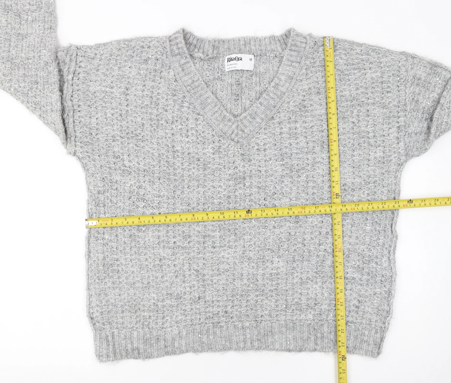 Primark Women’s Grey V-Neck Chunky Knit Jumper Size M - Image 2