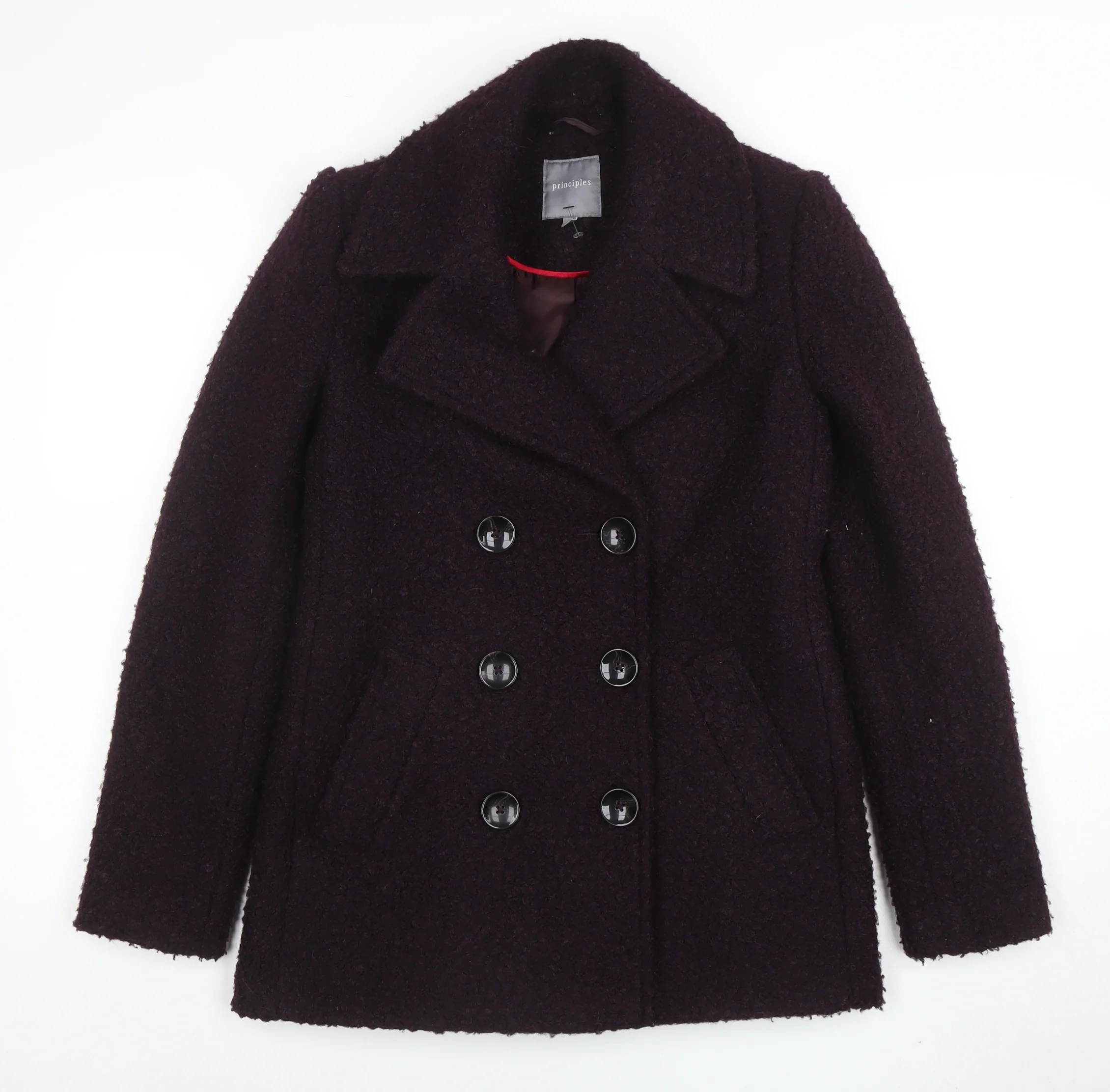 Principles Women’s Purple Wool Blend Pea Coat Size 8 Buttoned Mid-Length