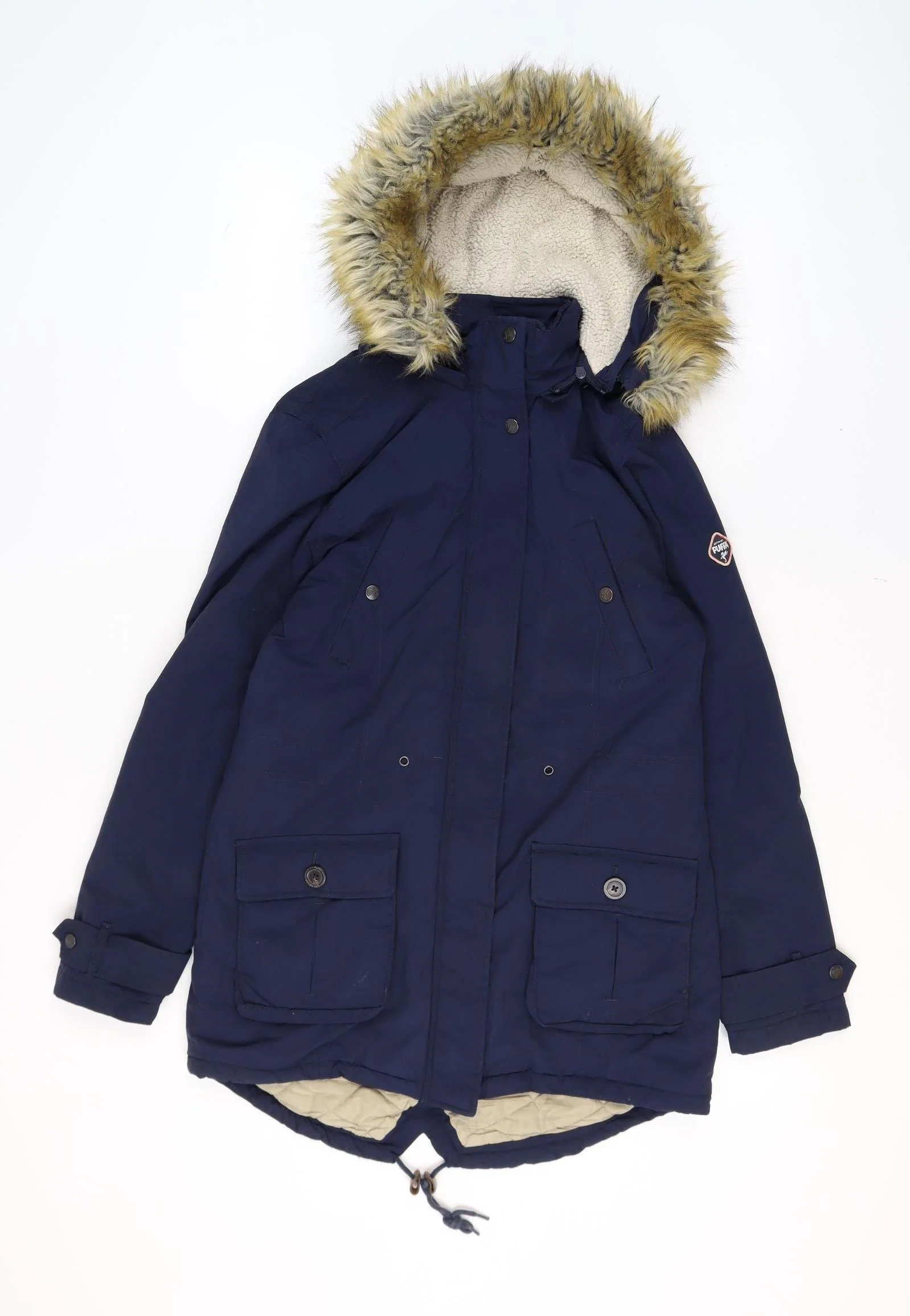 Puffa Women's Blue Faux Fur Hooded Parka Coat Size 12