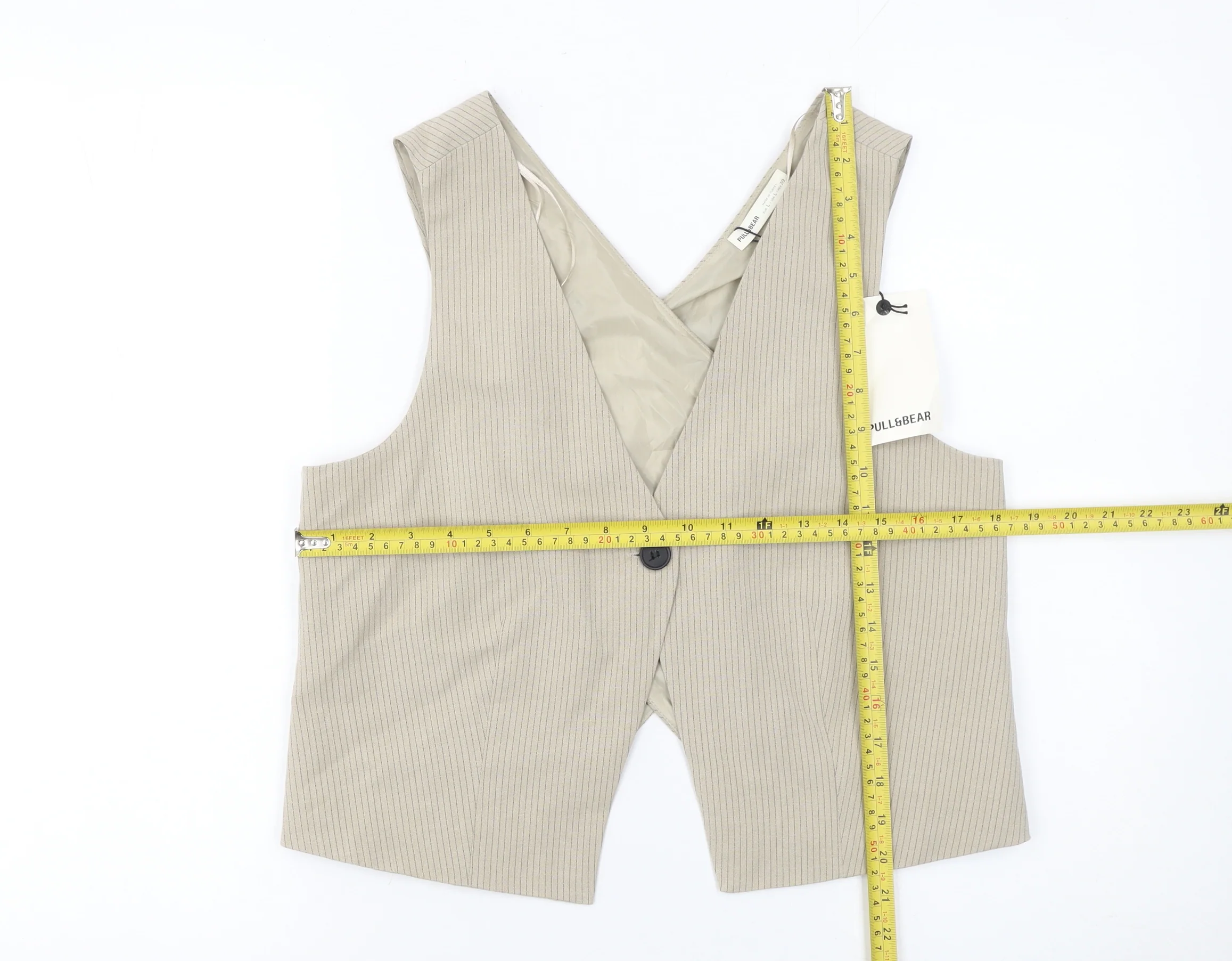 Pull&Bear Women Beige Pinstripe Tailored Waistcoat L - Image 2