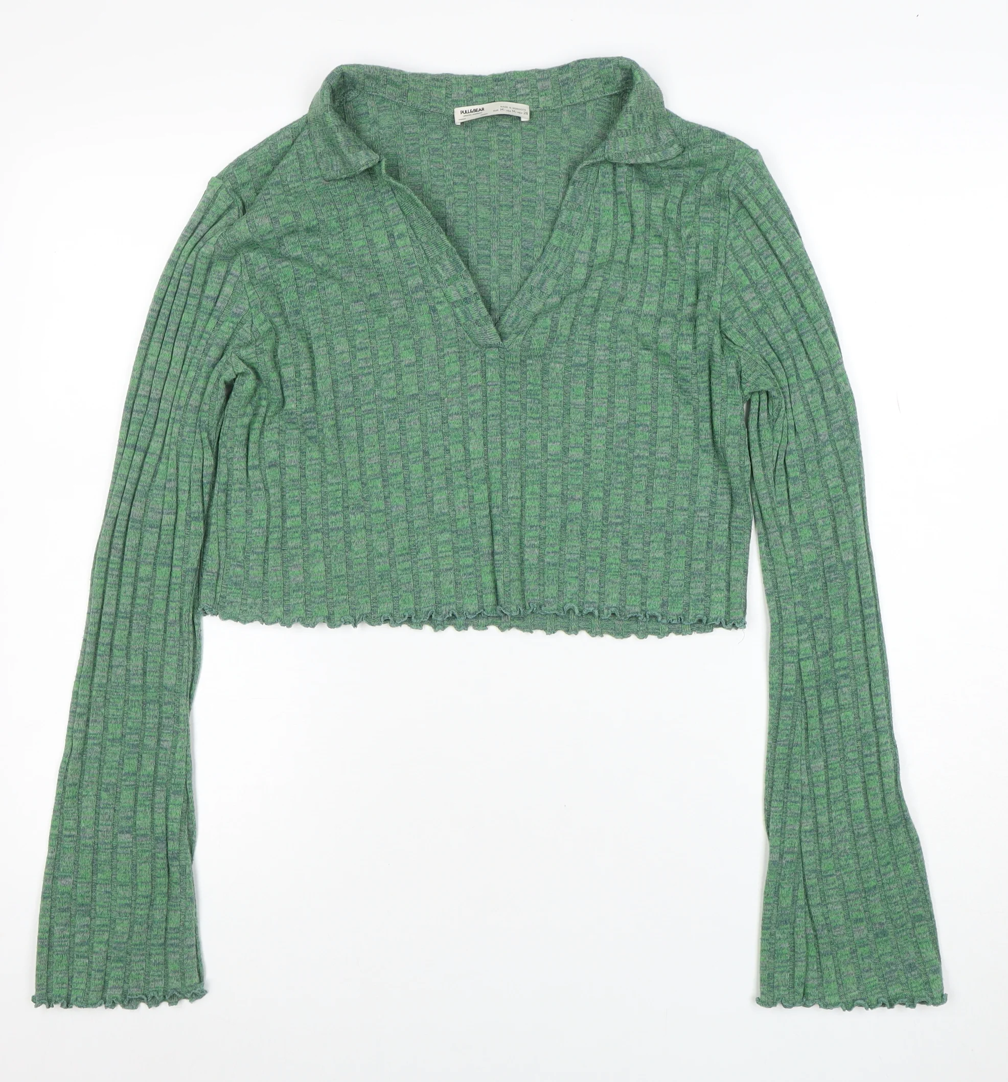 Pull&Bear Womens Green Cropped Collared Knit Long Sleeve Blouse Size M