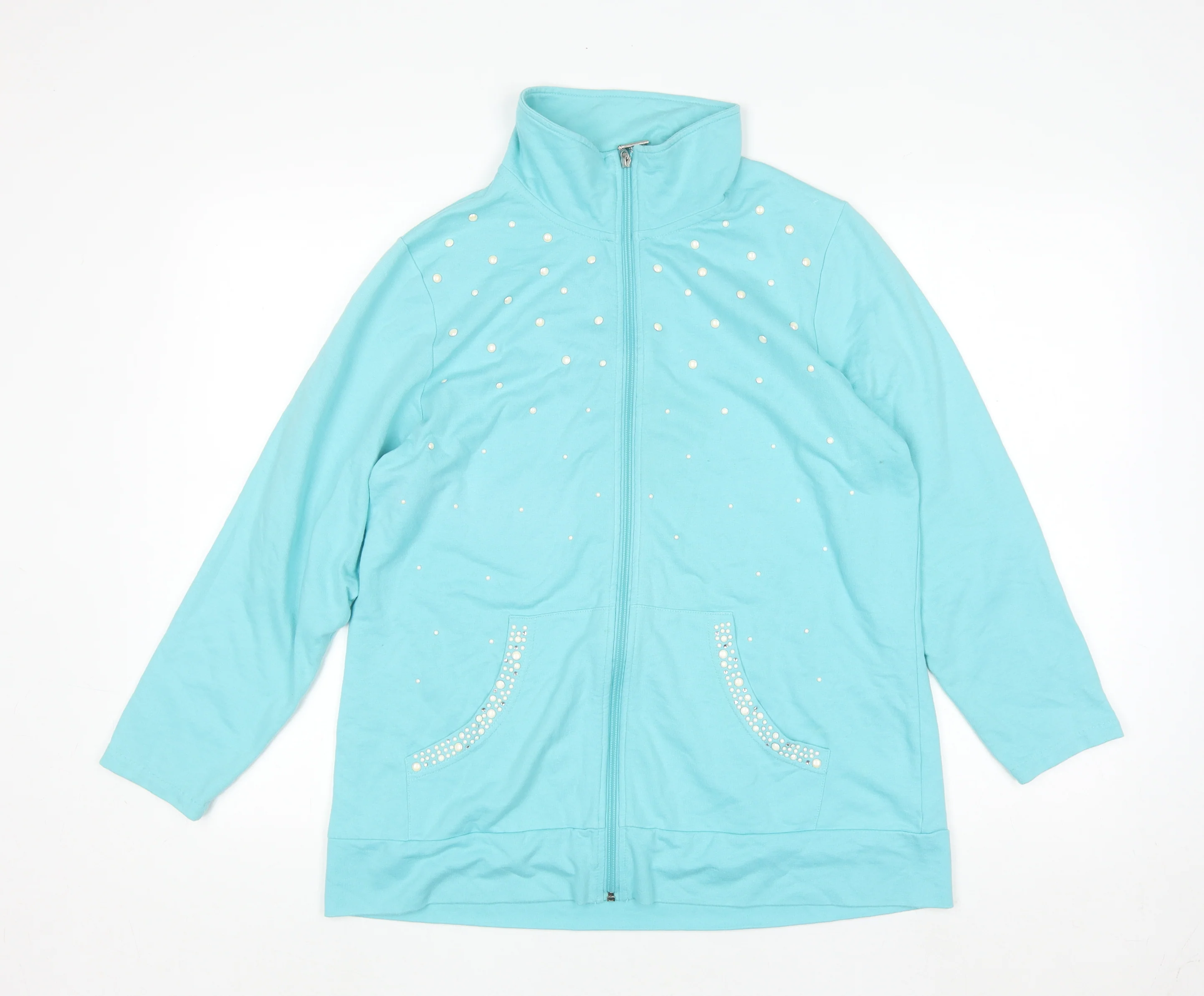 Quacker Factory Women Blue Rhinestone Full Zip Sweatshirt M