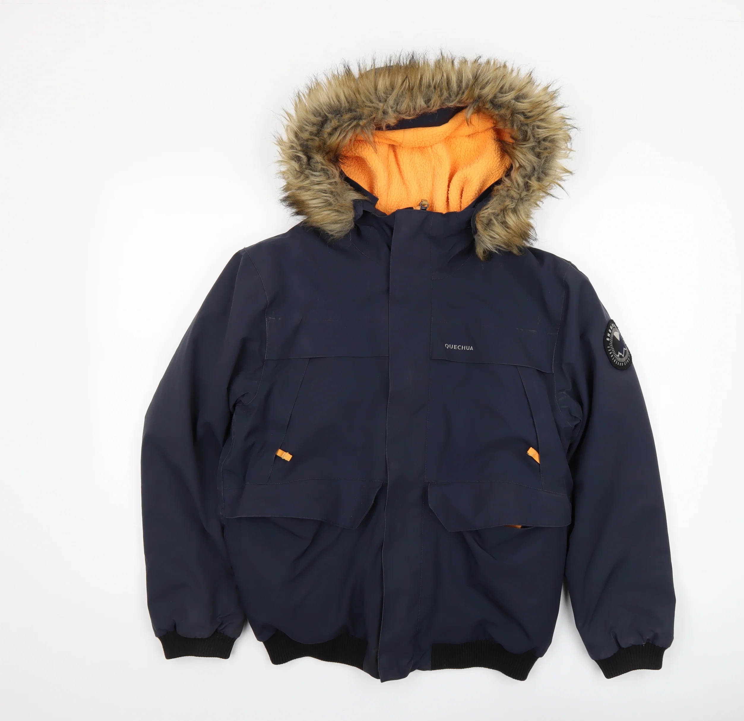 Quechua Boys Blue Waterproof Winter Parka Coat 10 Years Hooded Fur Trim