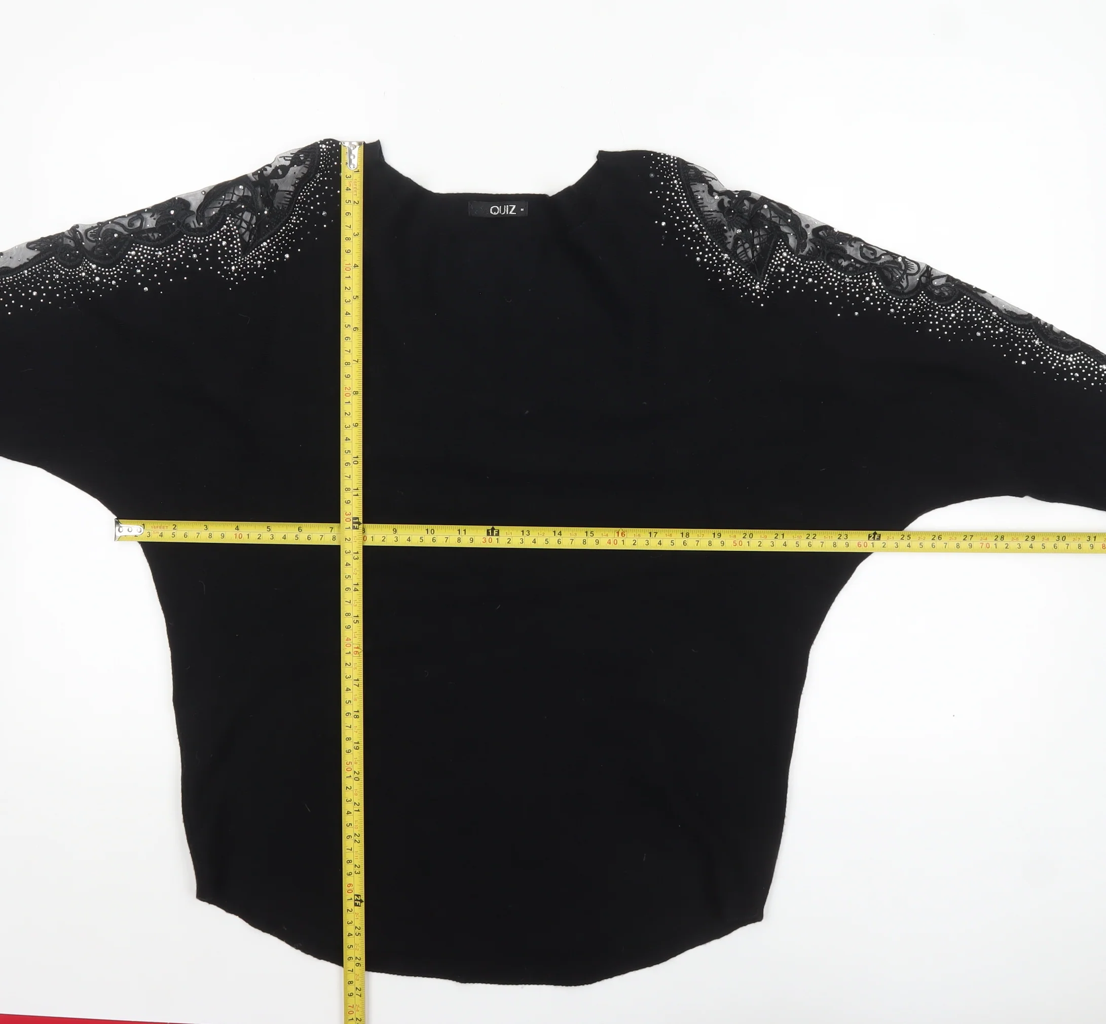 Quiz Women Black Embellished Lace Sleeve Boat Neck Jumper M - Image 2