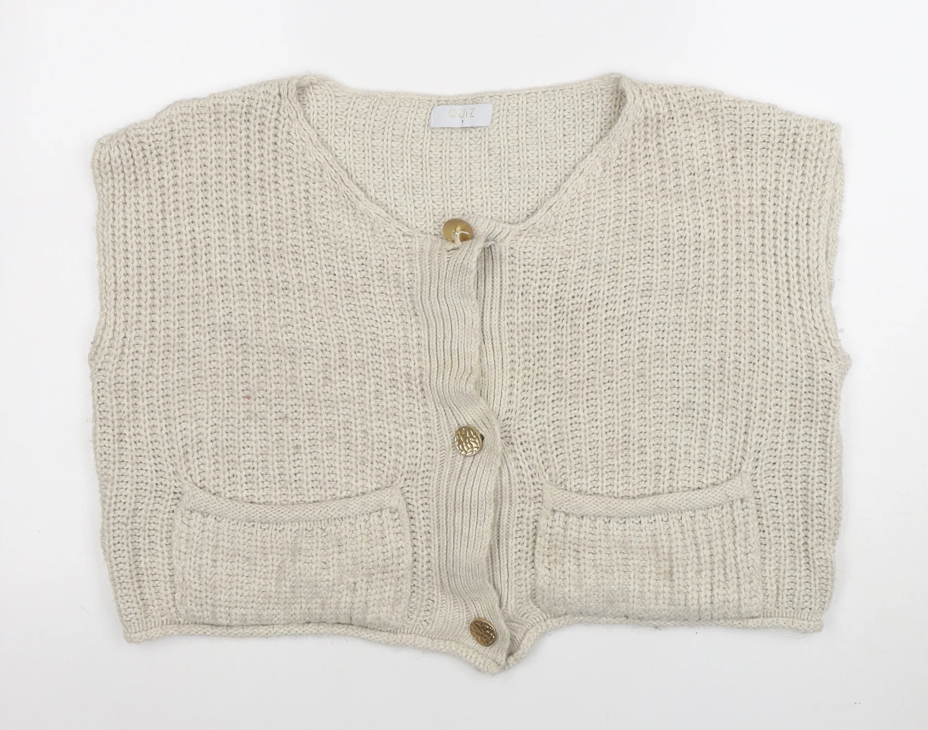 Quiz Women's Beige Sleeveless Chunky Knit Button Cardigan S