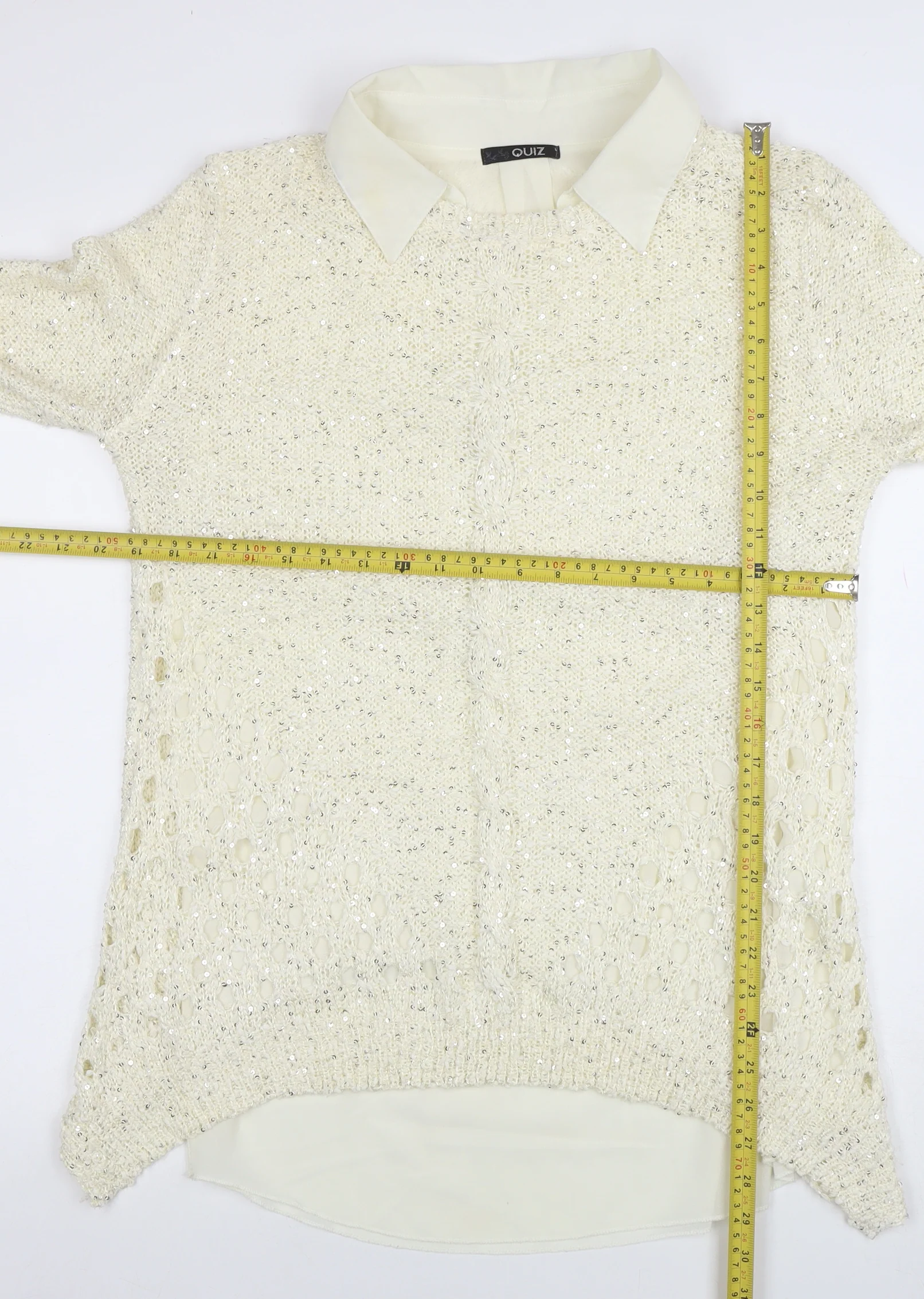 Quiz Womens Ivory Collared Sequin Knit Long Sleeve Pullover Jumper Size 16 - Image 2