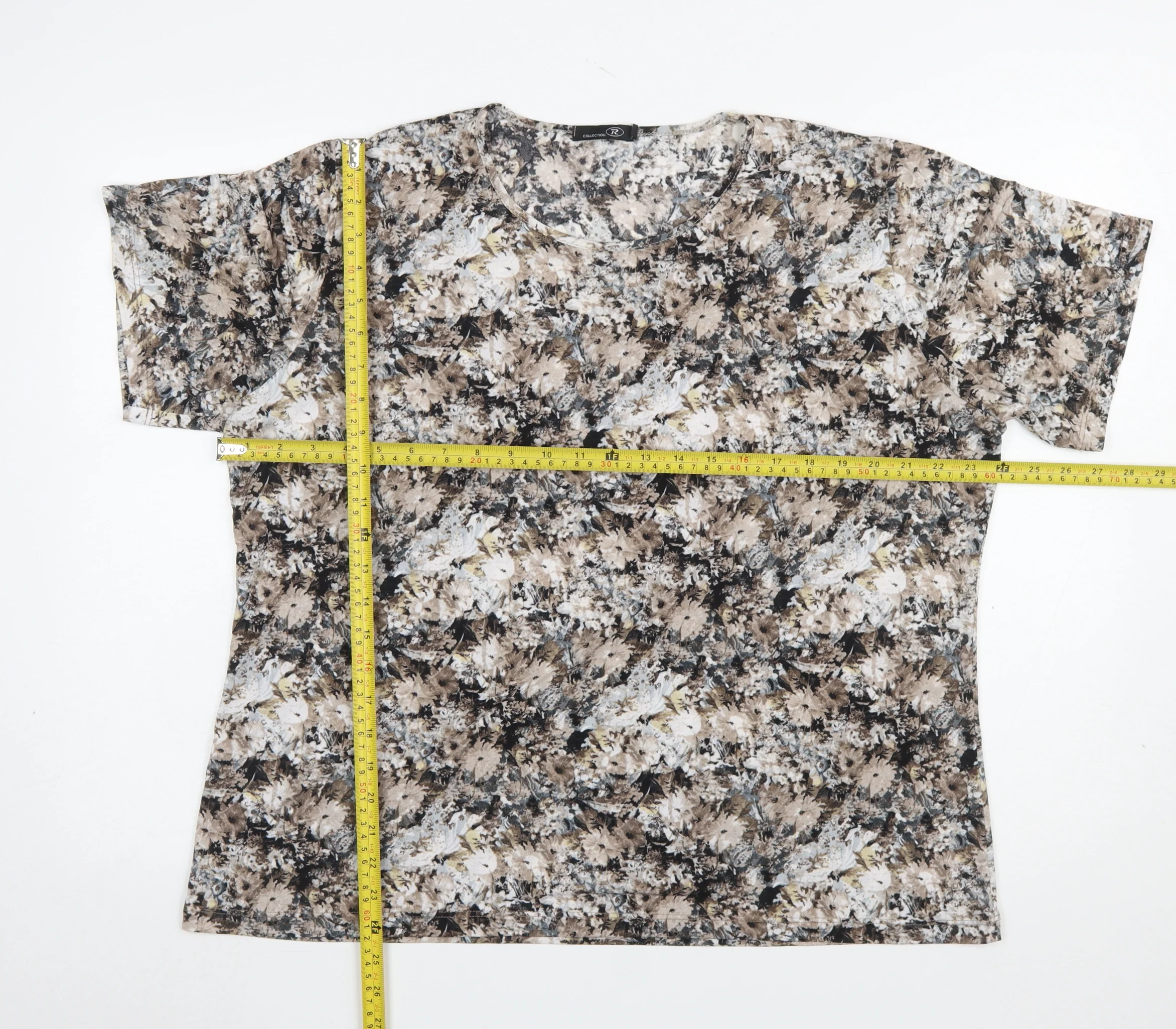 R Collection Womens Beige Floral Short Sleeve T-Shirt XL - Image 2