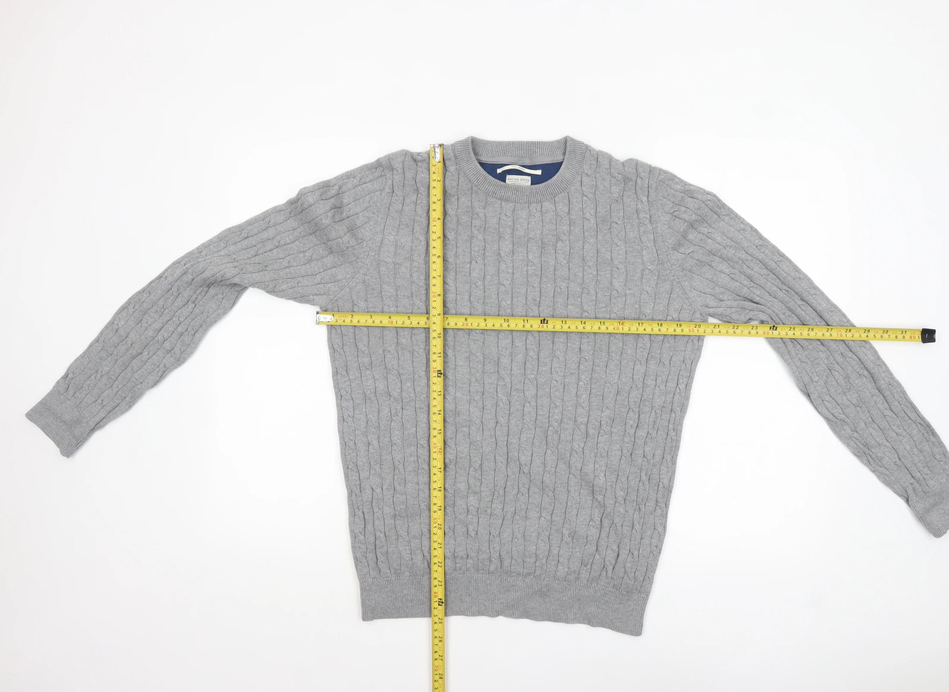 Racing Green Men’s Grey Cable-Knit Cotton Crew Neck Jumper M - Image 2