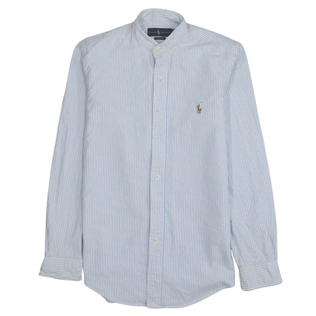 Ralph Lauren Men's Blue Striped Classic Fit Cotton Band Collar Shirt XS