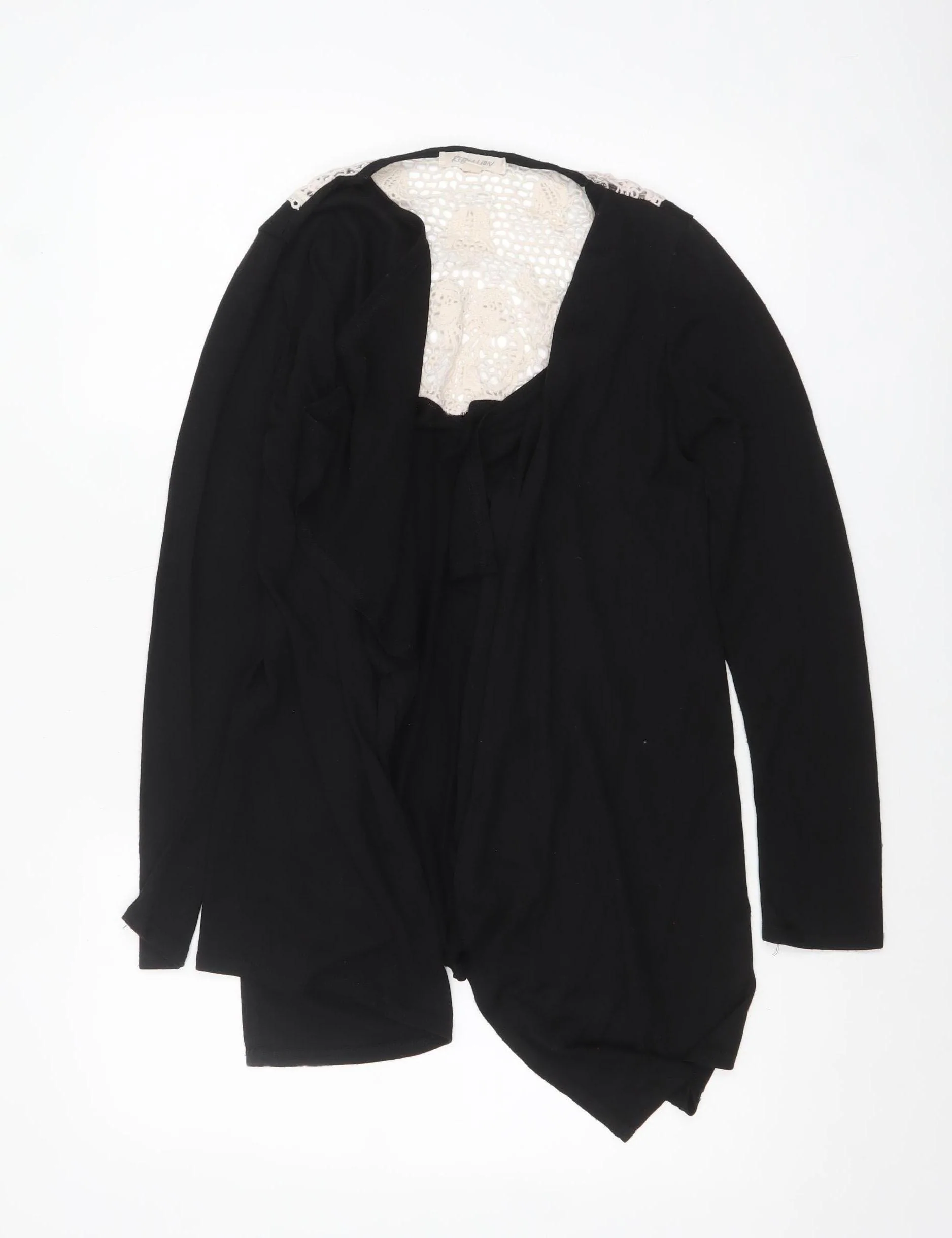 Rebellion Womens Black Crochet Trim Open Cardigan M