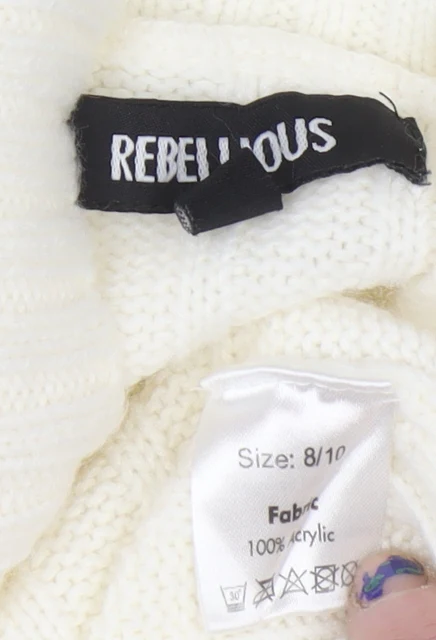 Rebellious Women's Ivory Mock Neck Ribbed Knit Jumper Size 8 - Image 4