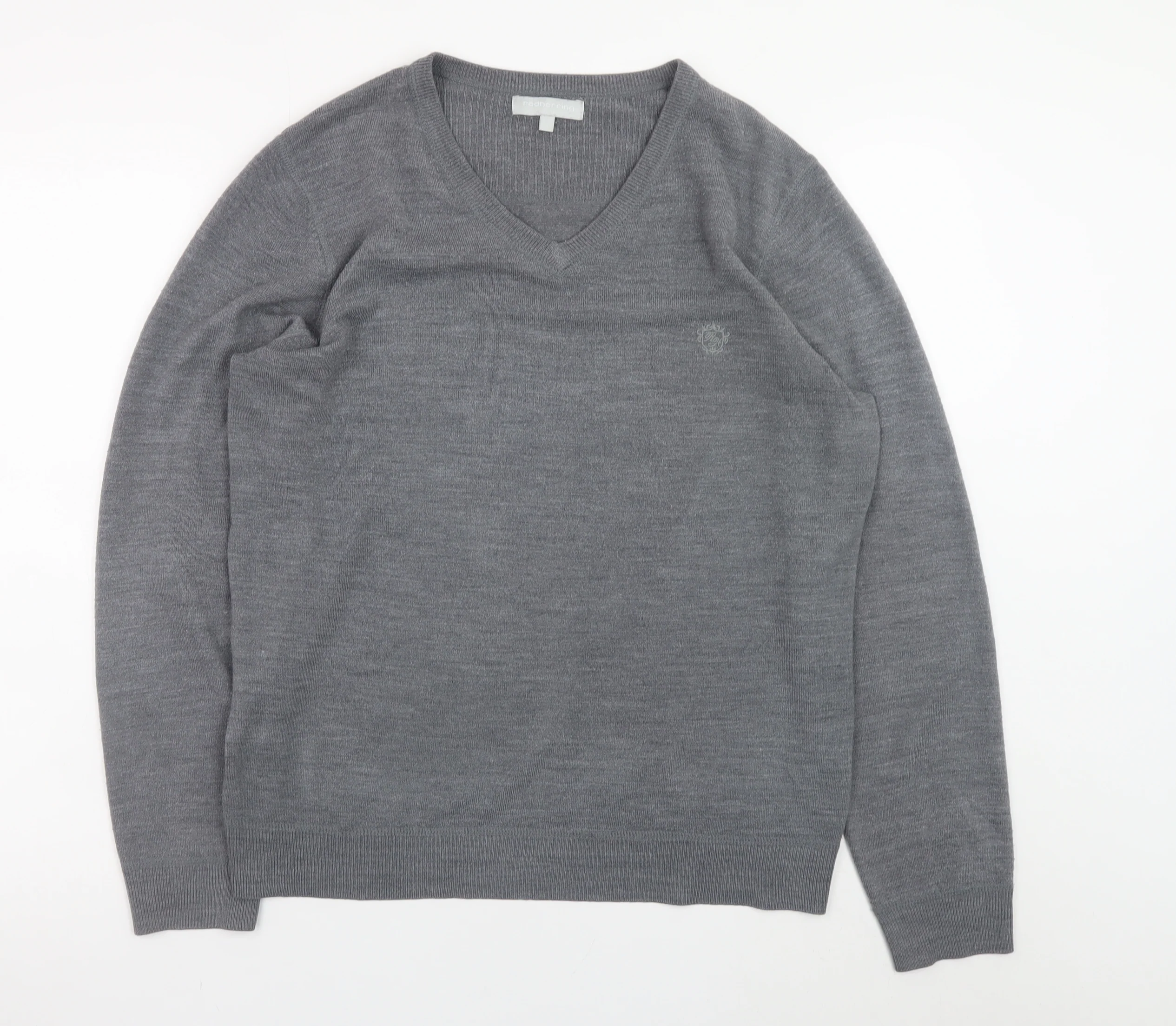 Red Herring Men's Grey V-Neck Acrylic Jumper Size L