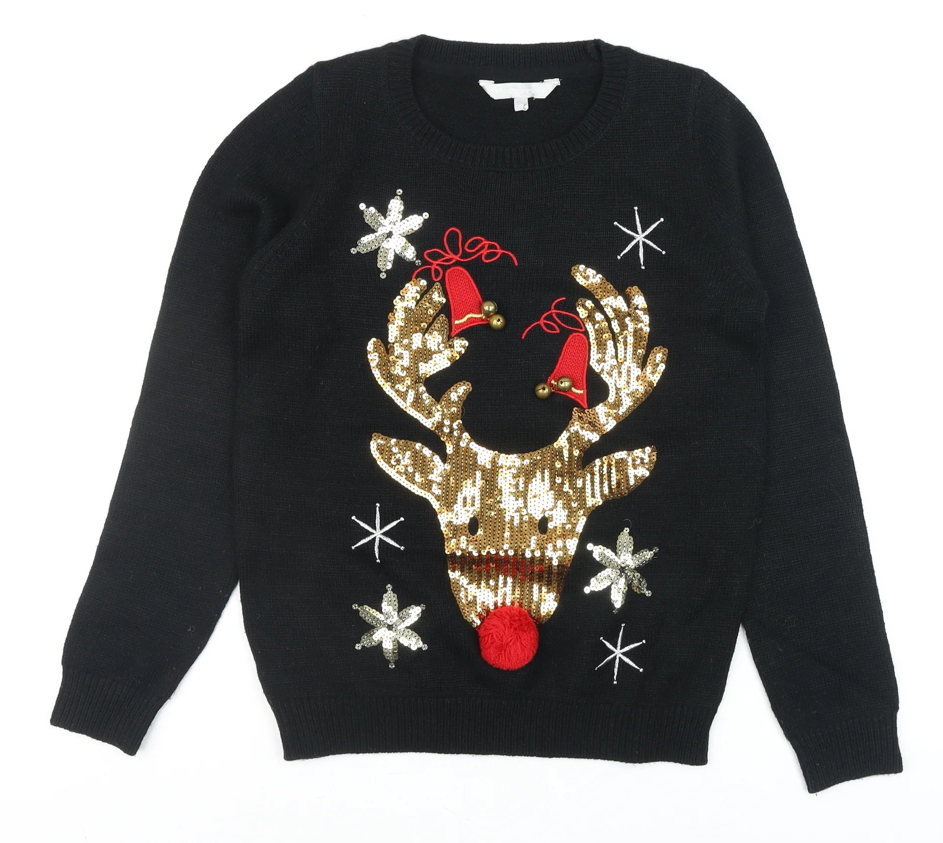 Red Herring Womens Black Christmas Reindeer Sequin Jumper Size 10