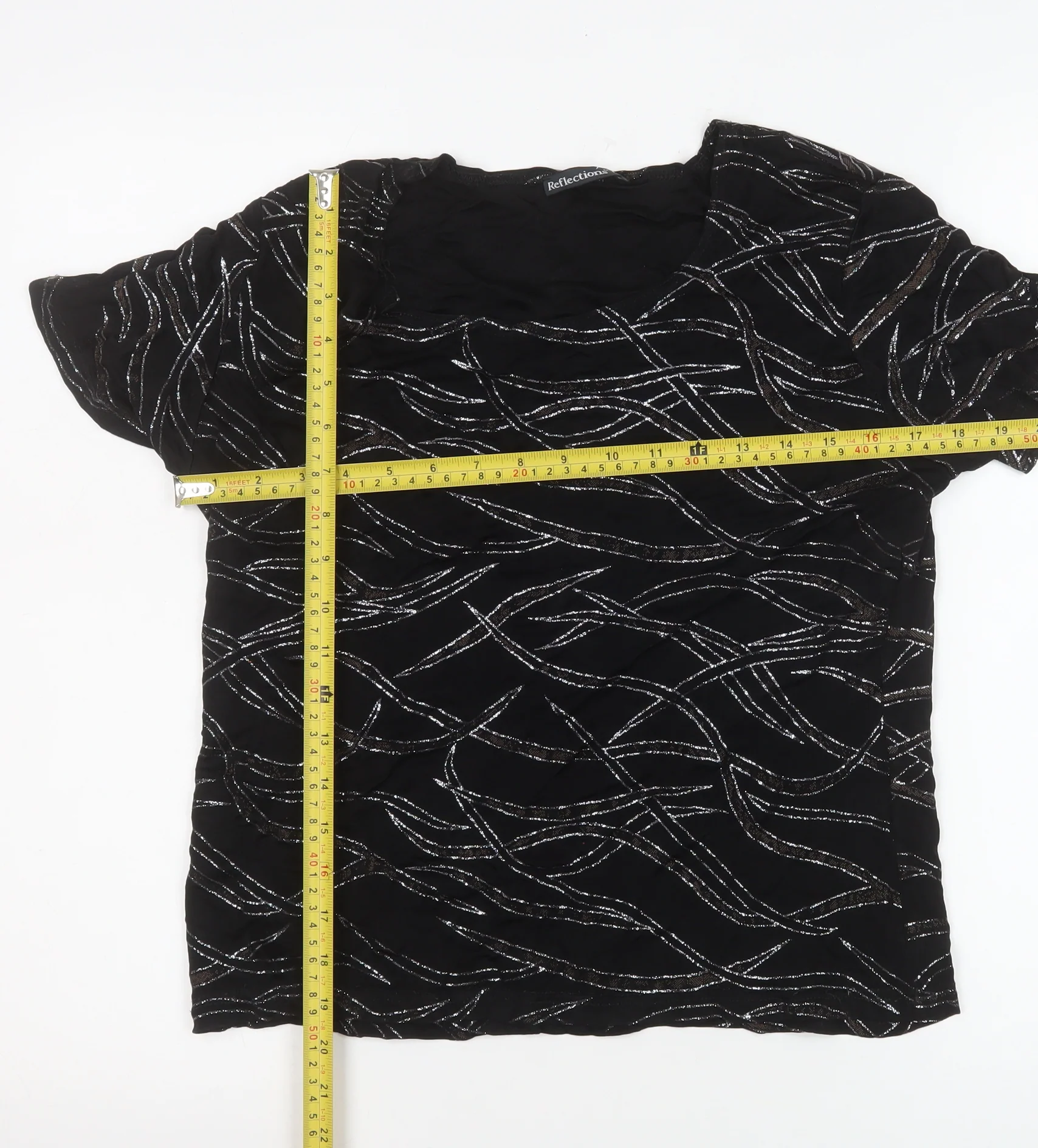 Reflections Womens Black Glitter Patterned Short Sleeve Top L - Image 2