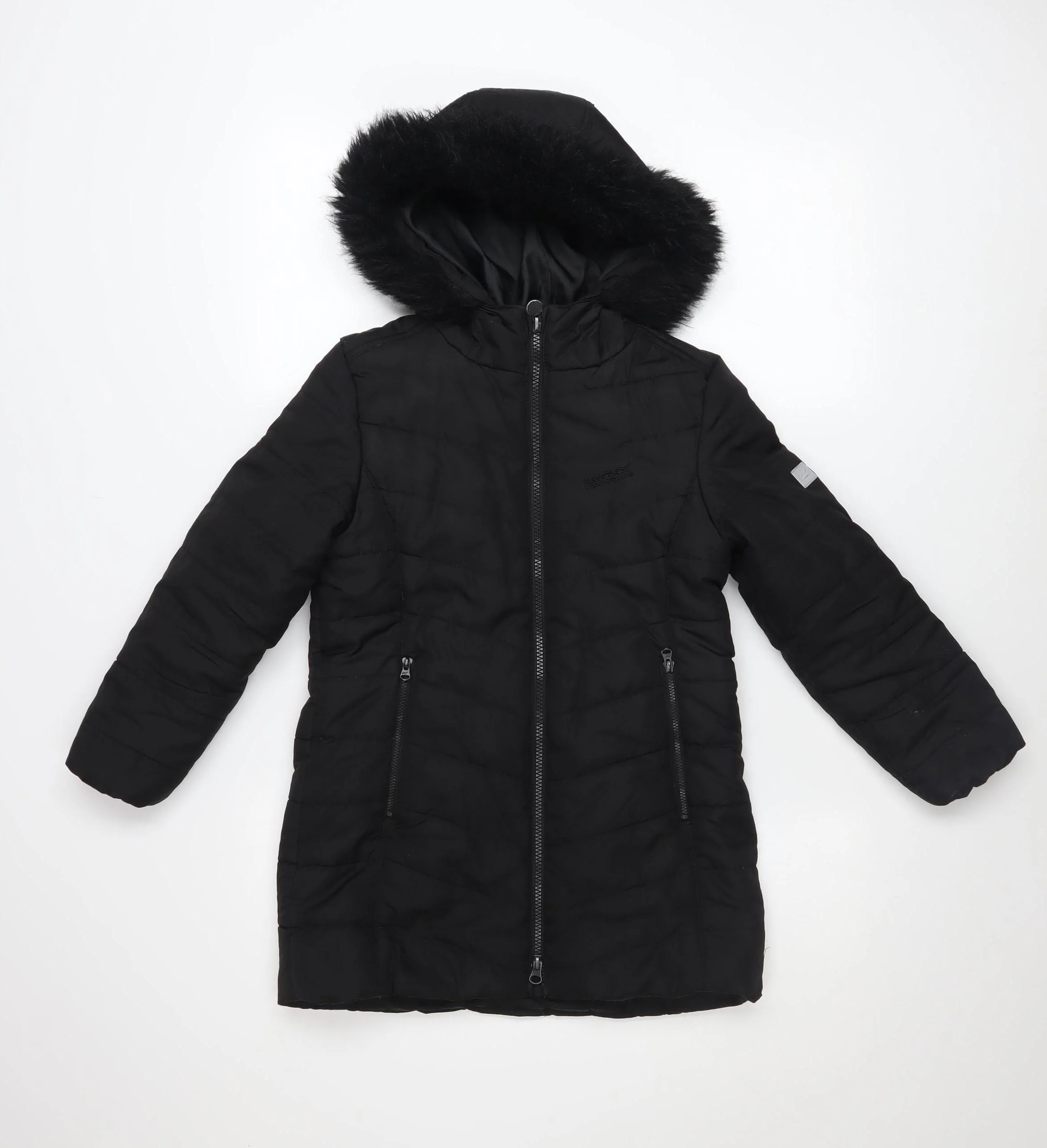 Regatta Girls Black Hooded Puffer Coat 7-8 Years Winter Mid-Length