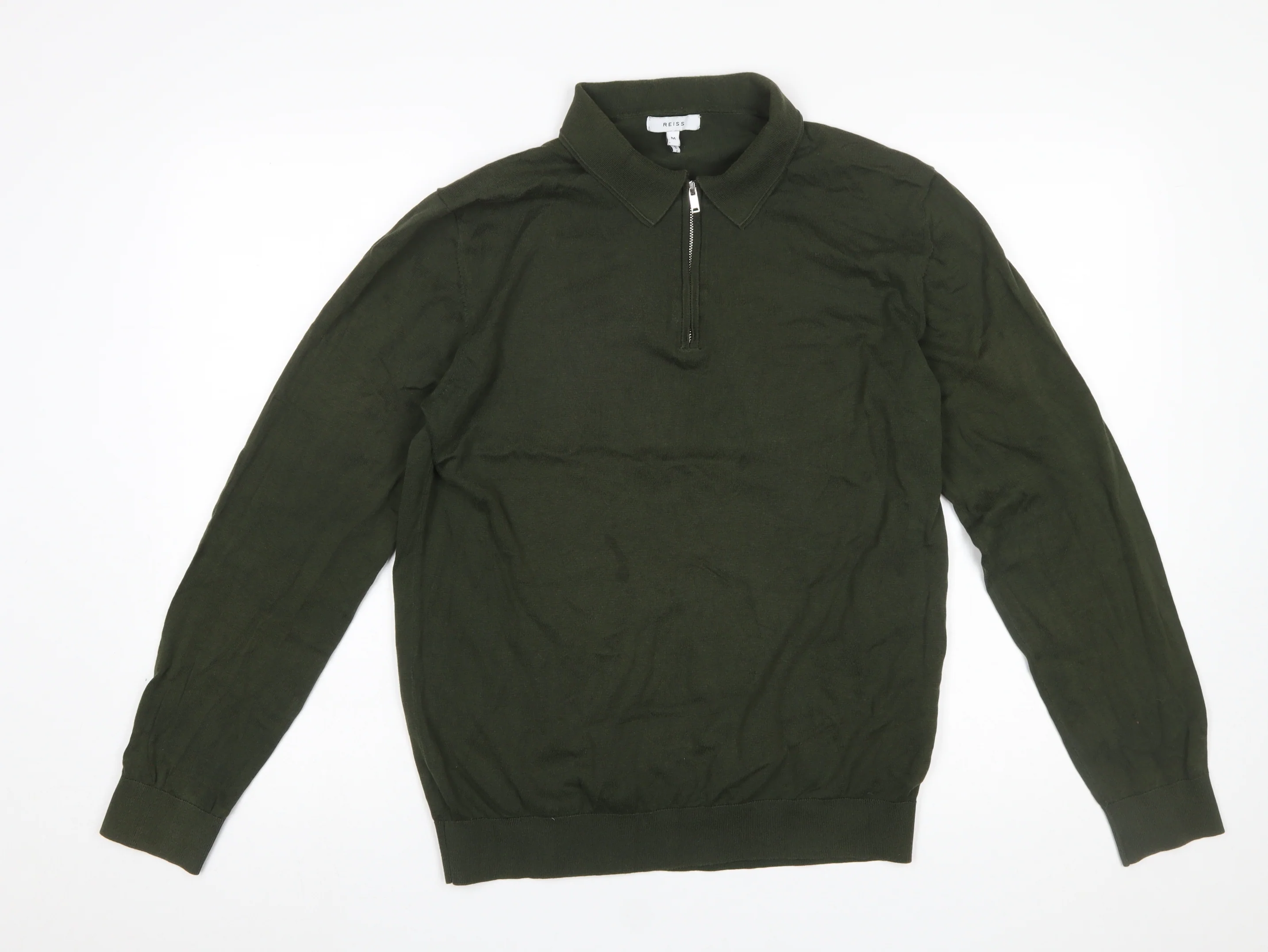 Reiss Men's Green Cotton 1/4 Zip Collared Jumper Size M