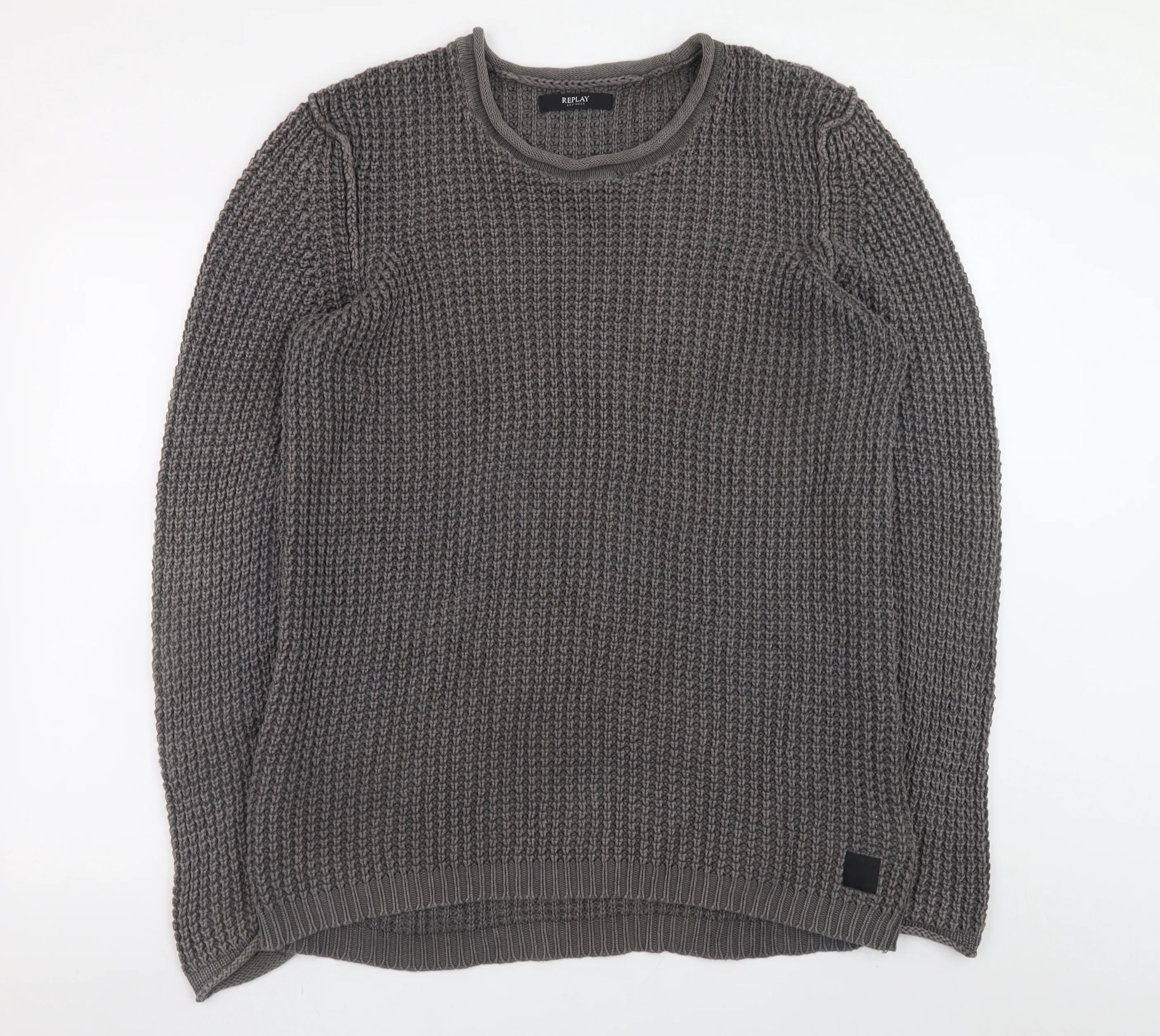 Replay Men's Grey Chunky Knit Crew Neck Cotton Jumper Size L