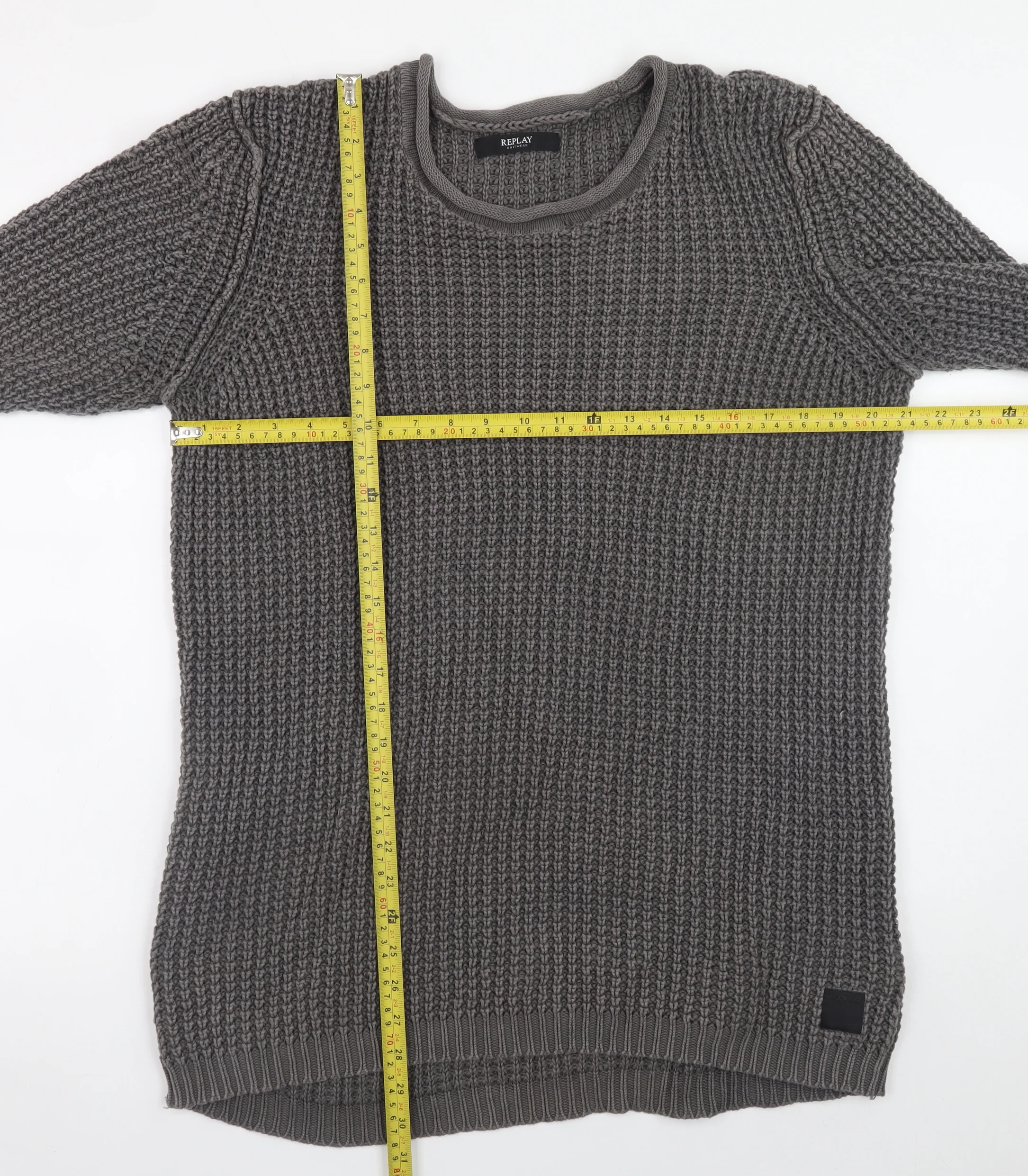 Replay Men's Grey Chunky Knit Crew Neck Cotton Jumper Size L - Image 2