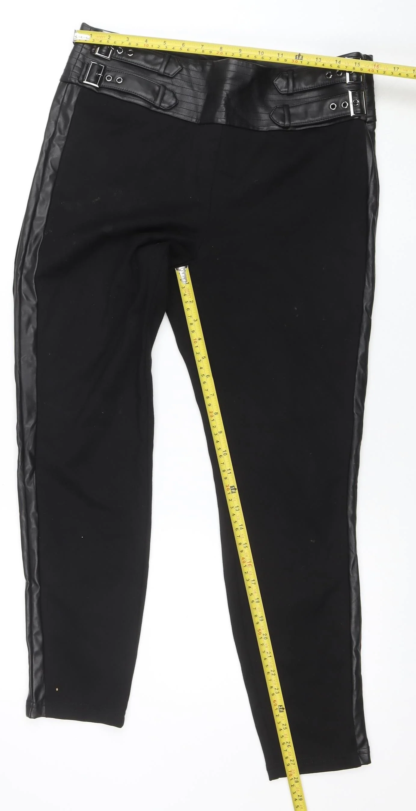 Rick Cardona Women’s Black Belted Faux Leather Panel Leggings Size 16 - Image 2