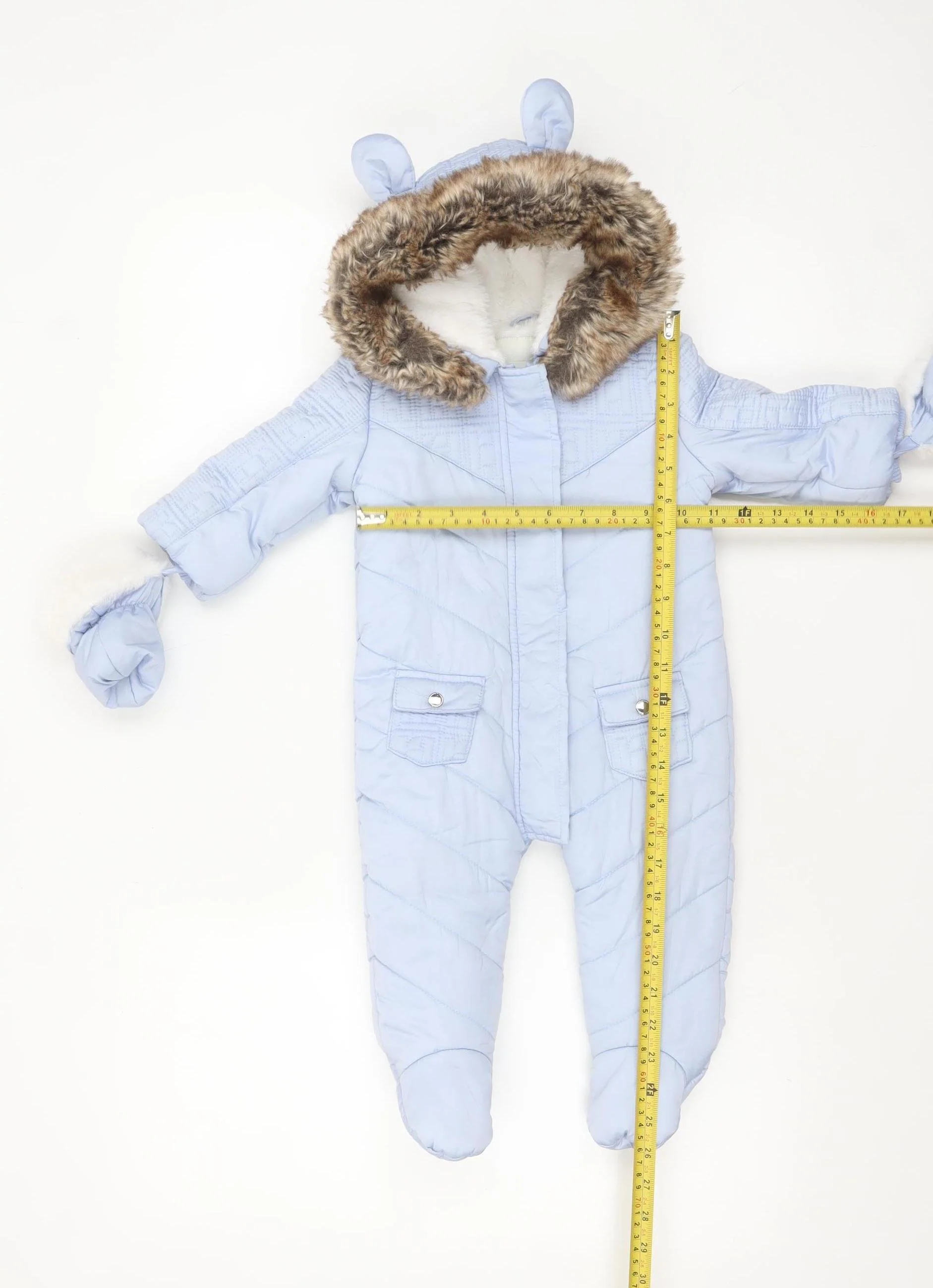 River Island Unisex Baby Blue Padded Faux Fur Hood Snowsuit 6-9 Months - Image 2