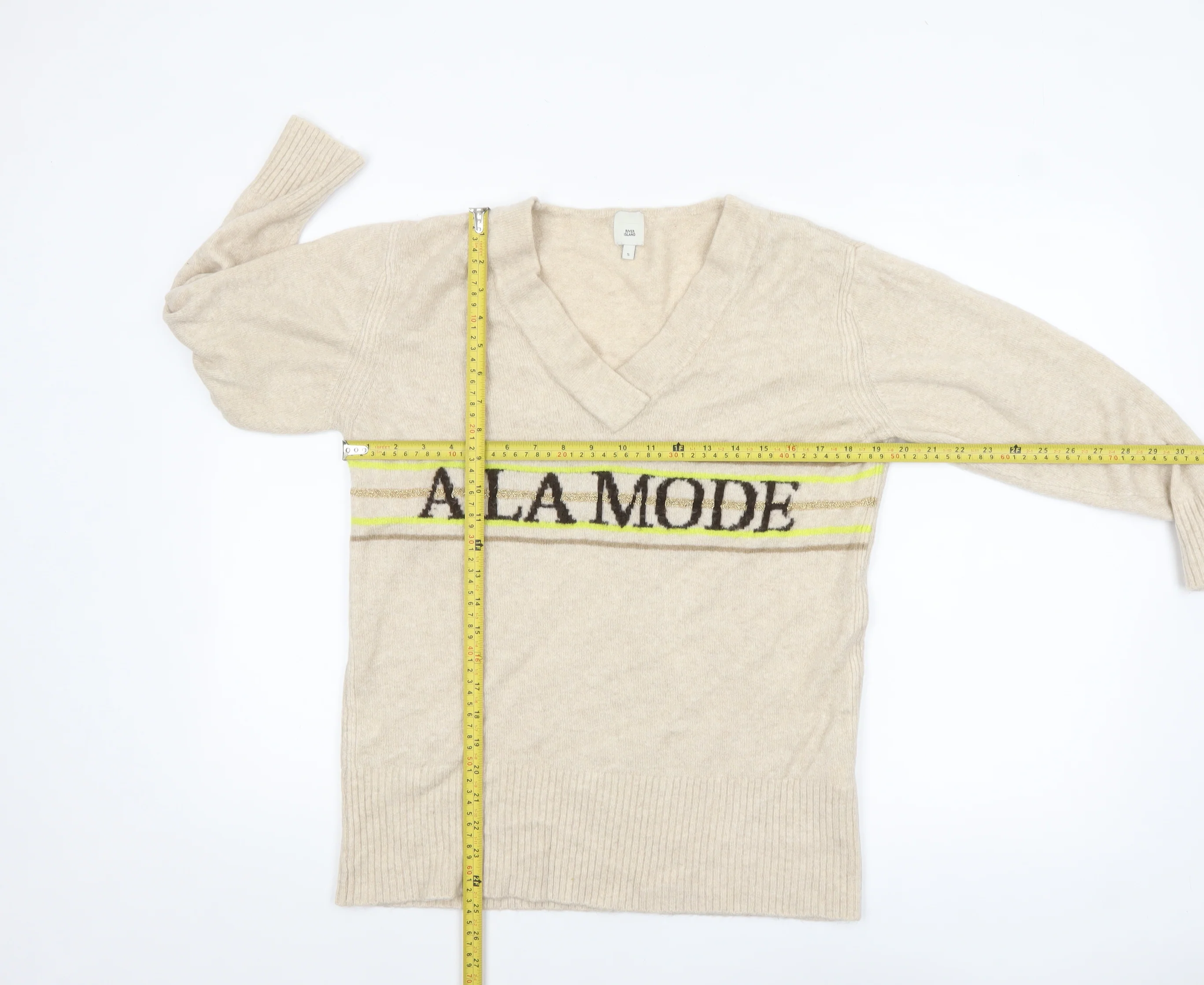 River Island Women Beige V-Neck 'A La Mode' Knit Jumper Size S - Image 2