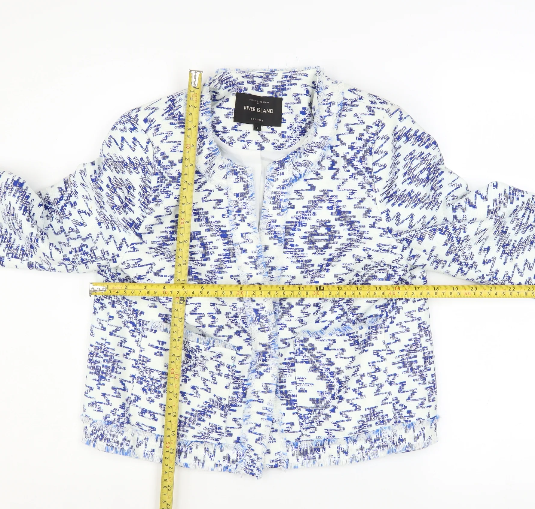 River Island Women Blue Geometric Tweed Fringe Jacket Size 8 - Image 2