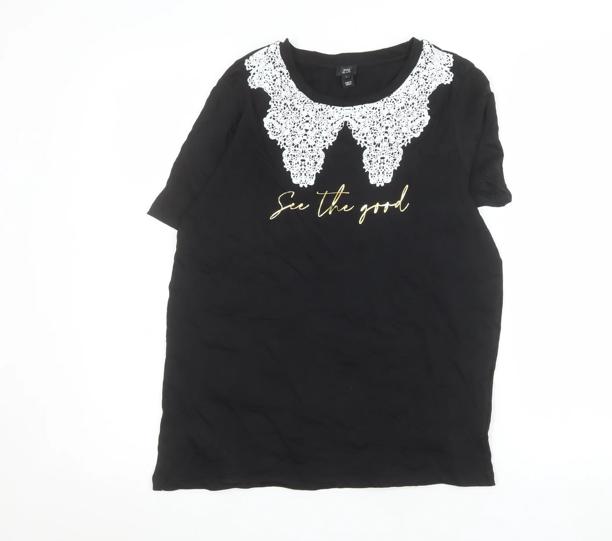 River Island Women’s Black Lace Collar T-Shirt Size 10