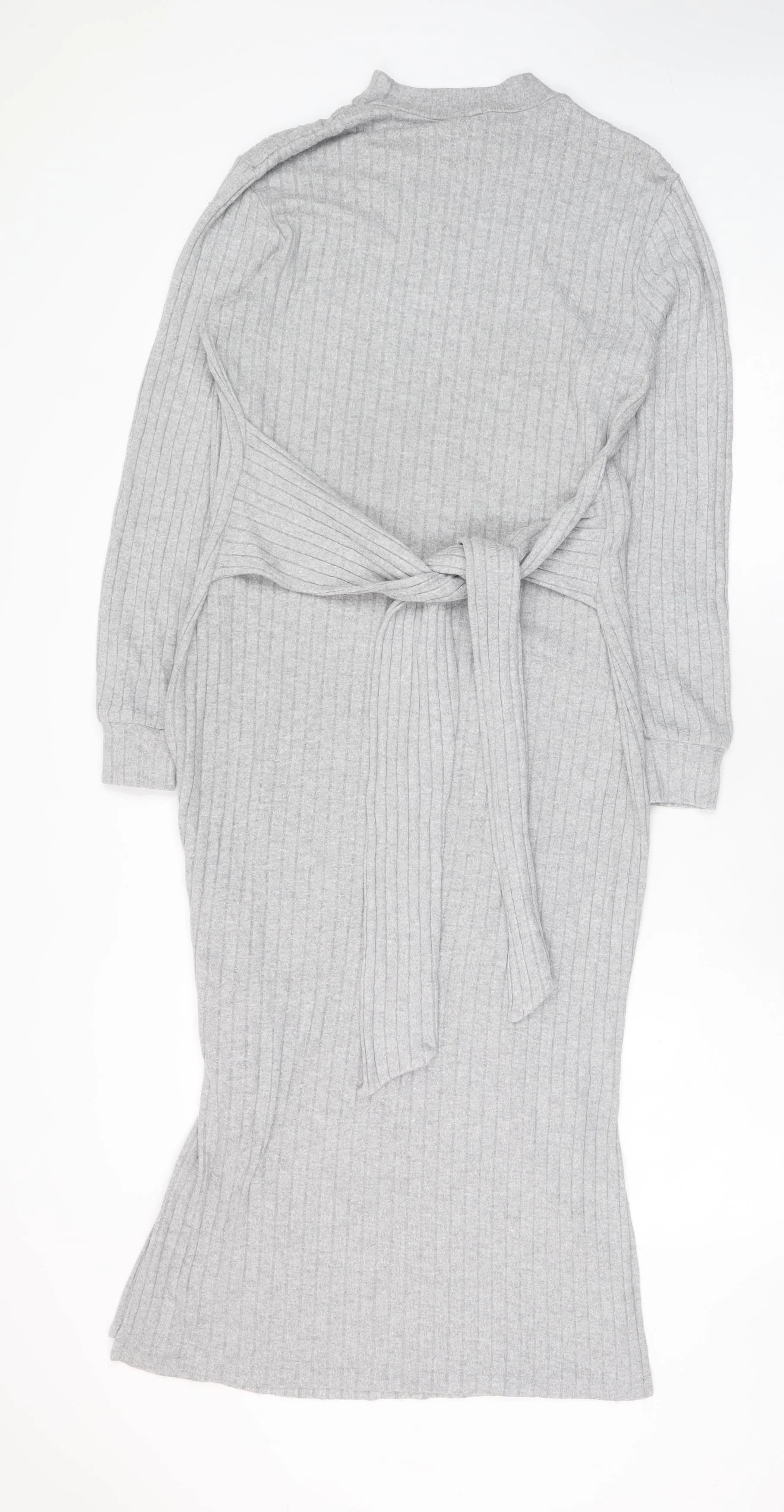 River Island Women’s Grey Ribbed Knit Belted Midi Bodycon Dress Size 16 - Image 3