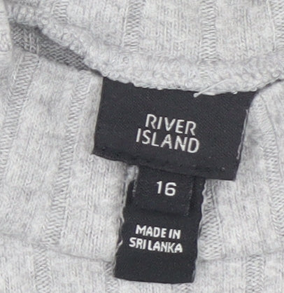 River Island Women’s Grey Ribbed Knit Belted Midi Bodycon Dress Size 16 - Image 4