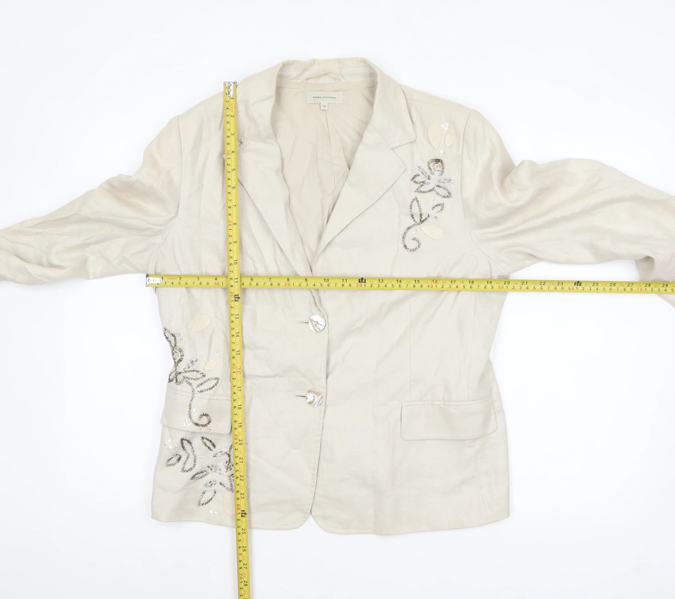 Rocha.John Rocha Women Beige Embellished Linen Suit Jacket Size 16 - Image 2